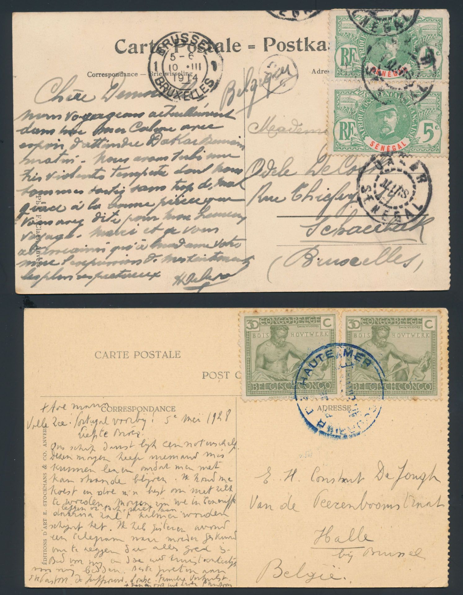 1913/1928, 6 postcards written on board of paquebot ANVERSVILLE, 2 with Congo stamps and 4 with Senegalese stamps, all sent to Belgium, vf/f
