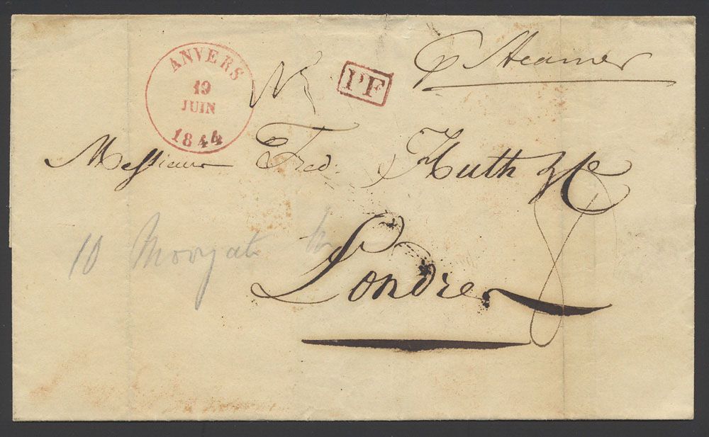 1844/1847 Voorlopers, 3 exemplaren per steamer, vanuit Anvers naar Londen (1844-1847). ZM