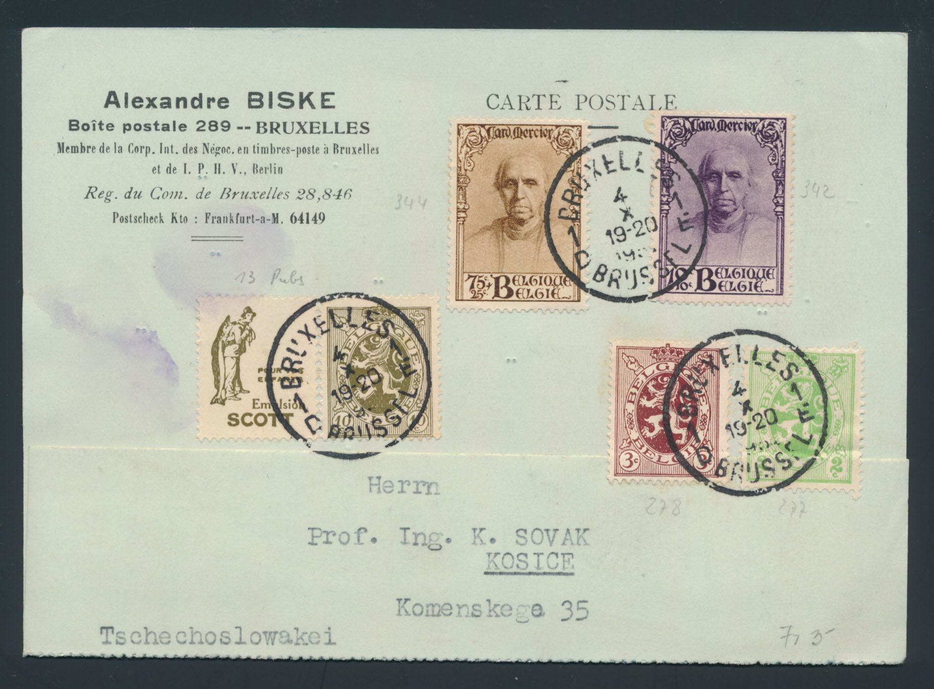 PU 13 + n° 277, 278, 342 en 344 op postkaart van Brussel naar Tsjechoslowakije, zm/m/ntz