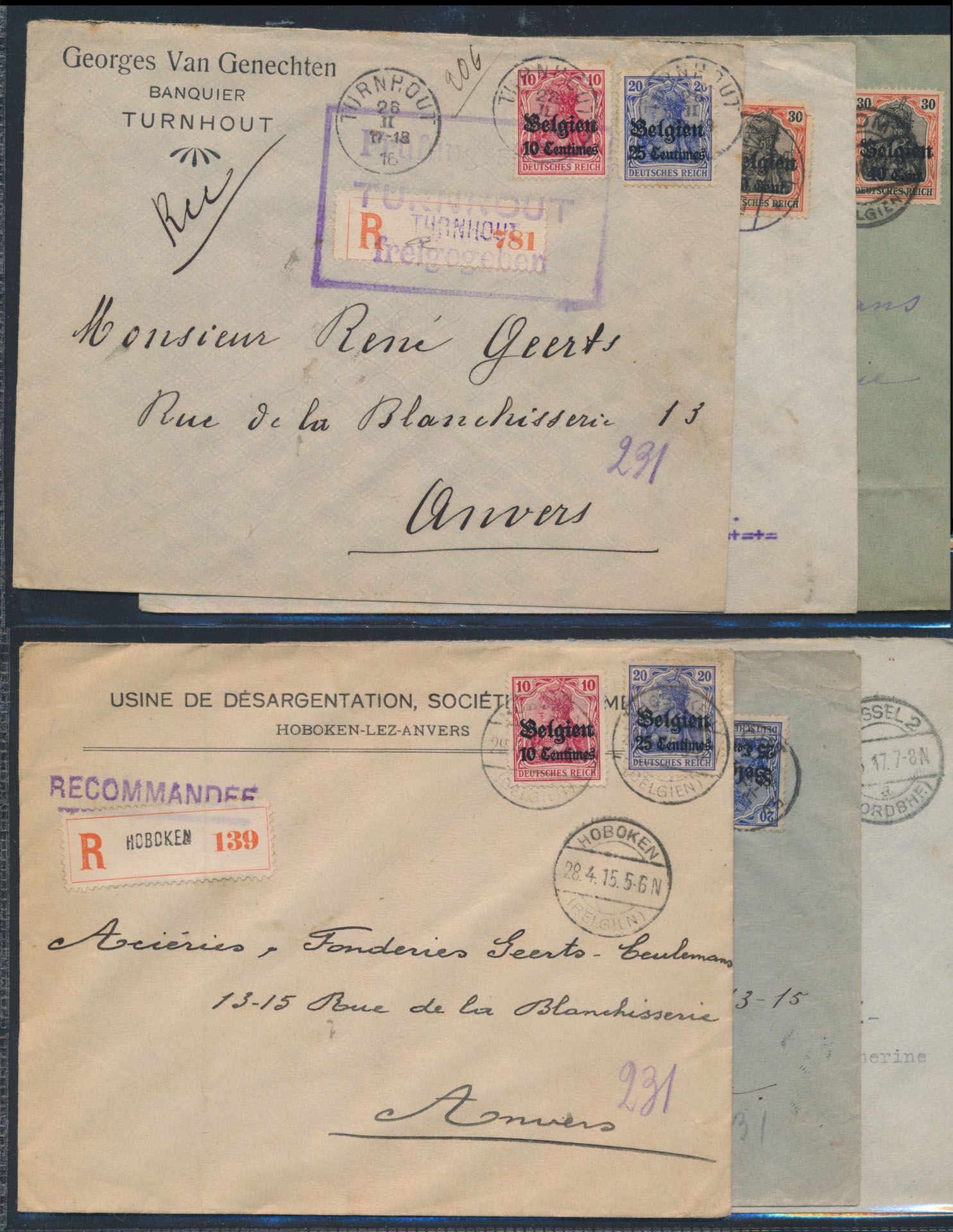 1915/1918, 6 aangetekende brieven verstuurd uit Turnhout, Antwerpen, Boom, Hoboken en Brussel, met censuren, zm/m