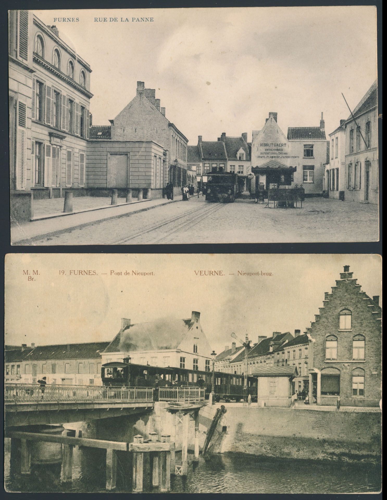 Provincie West-Vlaanderen, Veurne, w.o. mooi stadszicht met stoomtram (4 stuks)