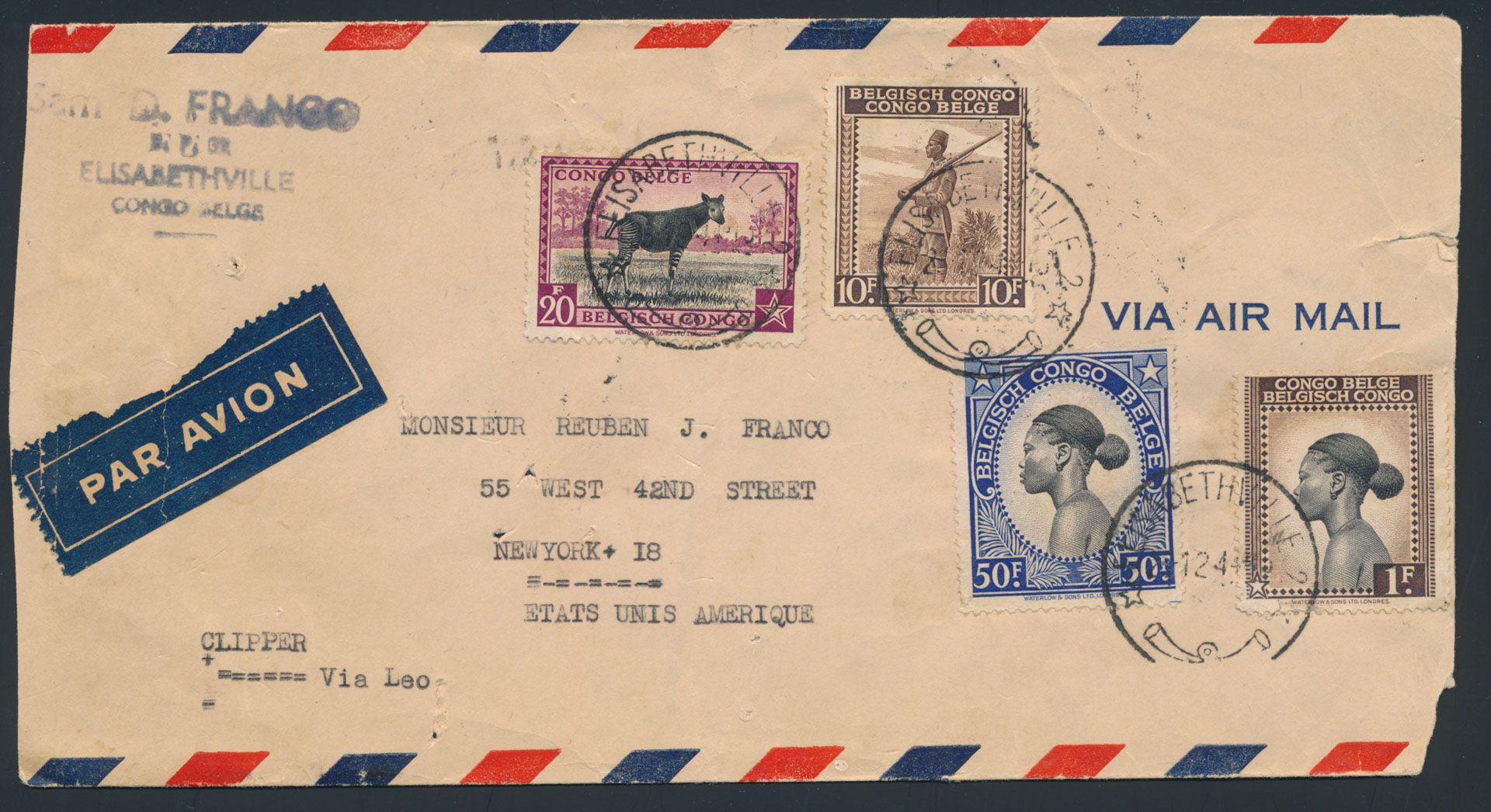 1944, airmail cover sent from Elisabethville Belgian Congo on 2 December 1944 to USA, Franked at 81 Fr with 50 Fr blue Palms issue, uncommon on cover, vf/f