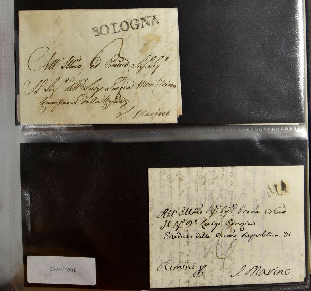 1801/1825 Bijzondere correspondentie van 50 voorlopers vanuit Roma en Bologna verstuurd naar San Marino via Rimini gericht aan de 