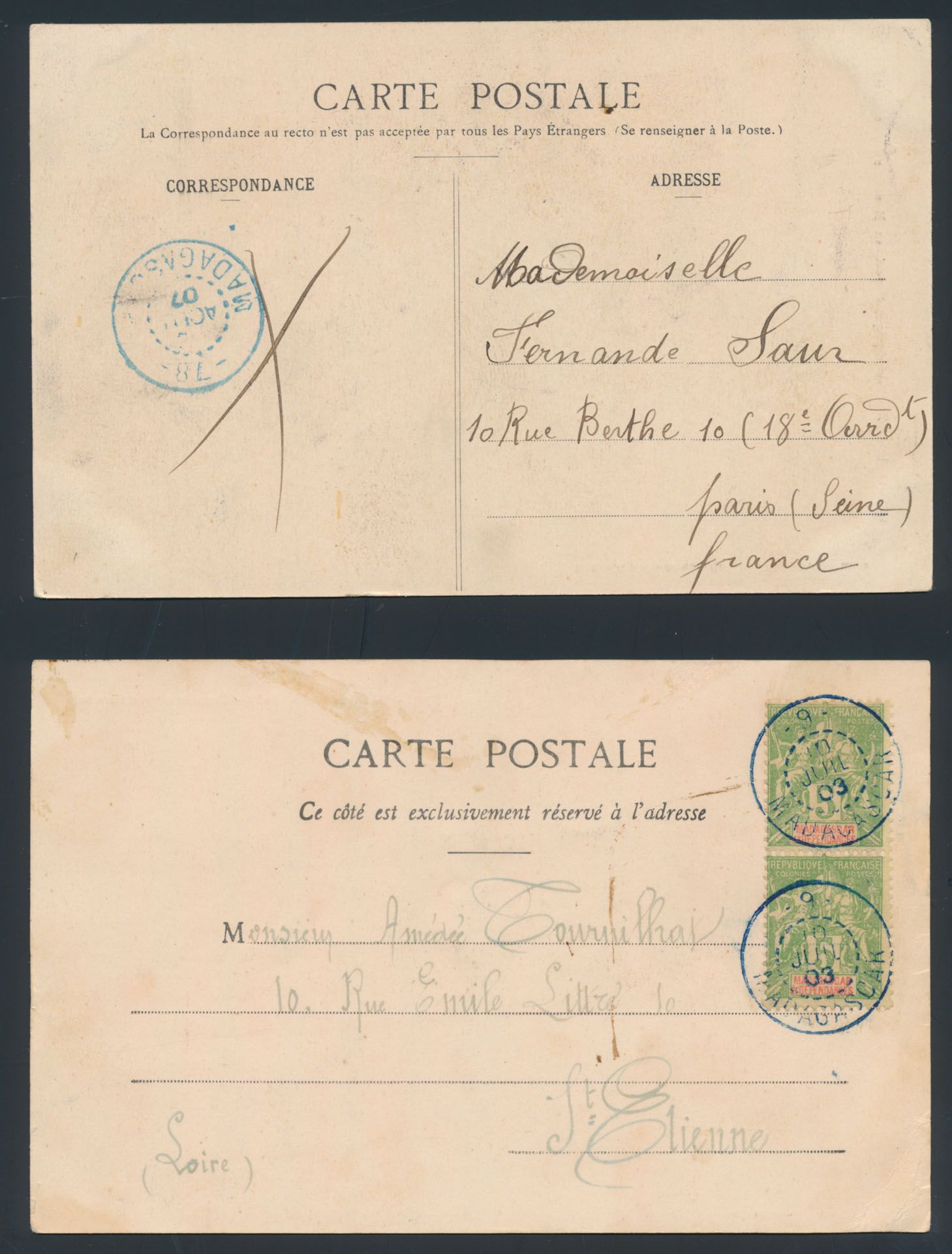 1903/1907, 2 zichtkaarten verstuurd uit Madagascar naar Frankrijk, met type Groupe zegels, gestempeld door voorlopige cachets met cijfers nummer 9 en 78, zeldzaam, zm/m