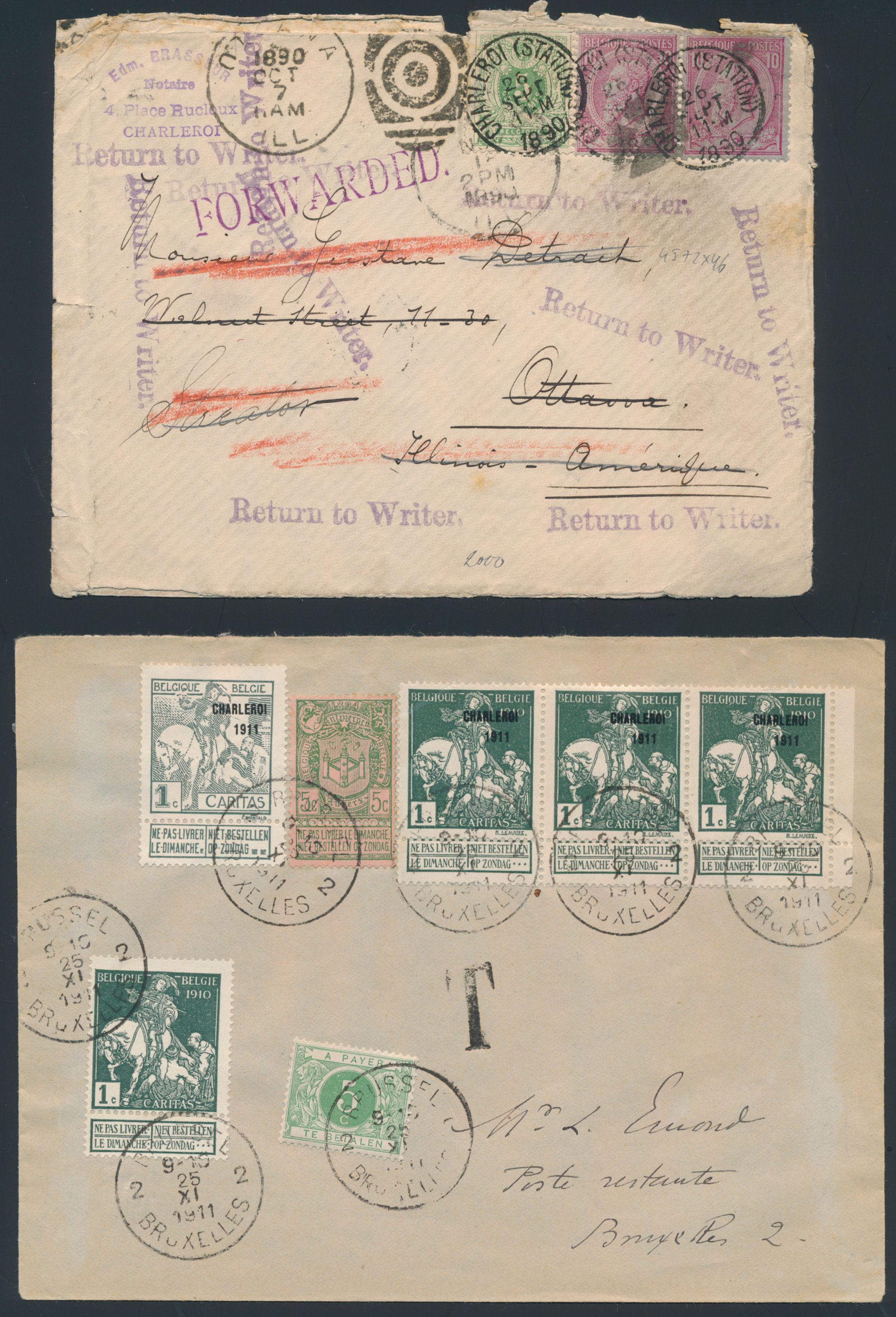 1890/1955 Verzameling Charleroi, brieven (enkele op fragment) + 300 exemplaren met enkele mooie afstempelingen, meestal Charleroi als vertrek, maar ook enkele als aankomstkantoor, prachtige startcollectie voor een stad, zm/m/ntz