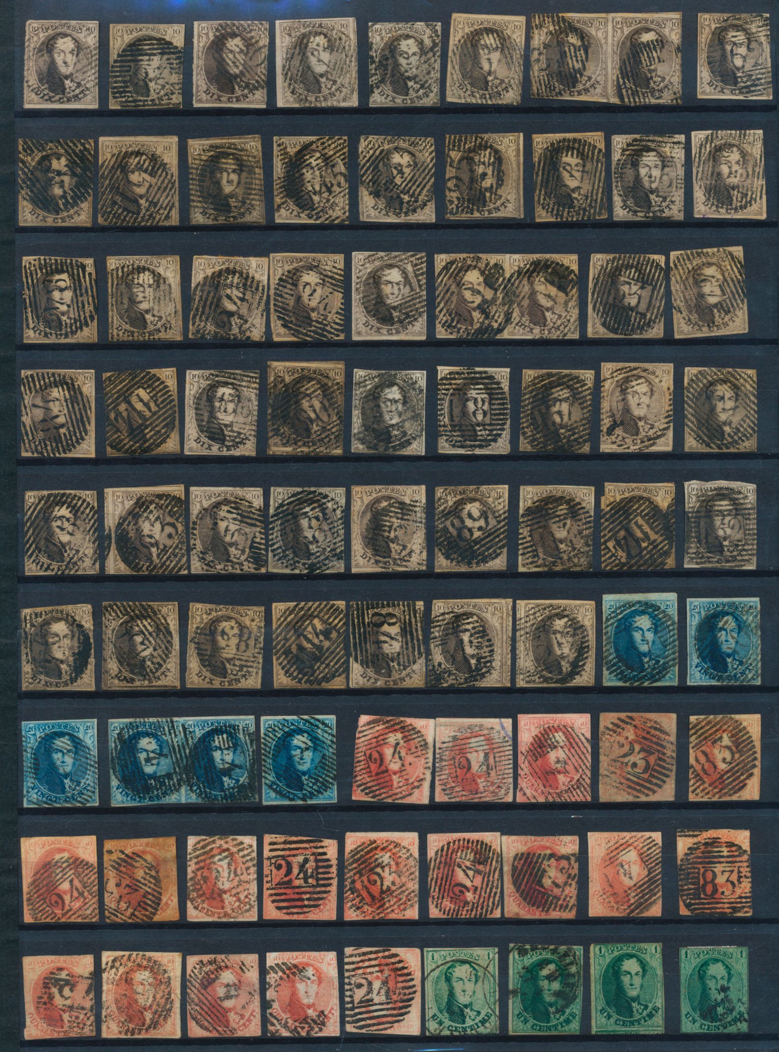N° 6 (54 ex), N° 7 (5 ex), N° 8 (19 ex), N° 9 (5 ex), N° 10/A (13 ex), N° 11/A (6 ex et N° 12/A (35 ex). Collection de médaillons non dentelés comprenant quelques marges complètes, quelques oblitérations de distribution, plusieurs griffes et taches, des curiosités. Haute cote.