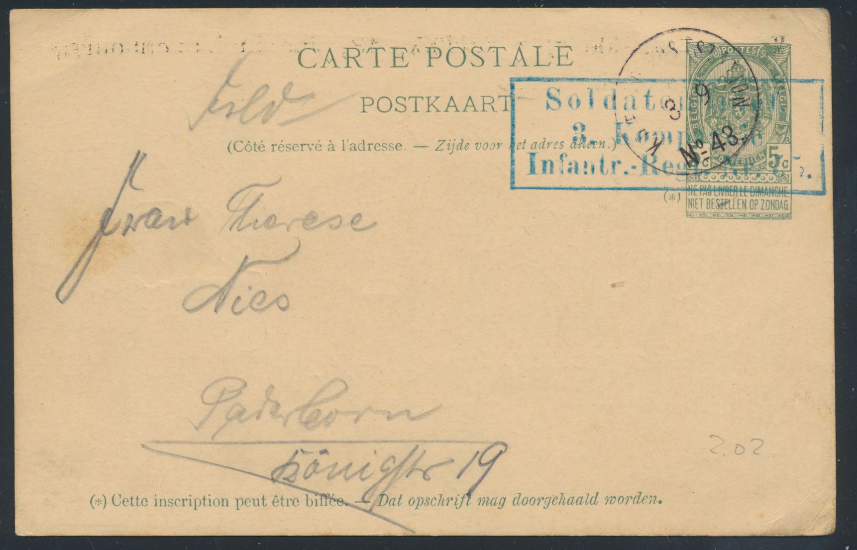 1914, Belg. postwaardestuk gebruikt door Duitse soldaat als Veldpostkaart, zegel gest. 'Soldaten .../3 Kop.../ INFANR. Regt. Nr 55' in het blauw, verstuurd naar Duitsland, m.