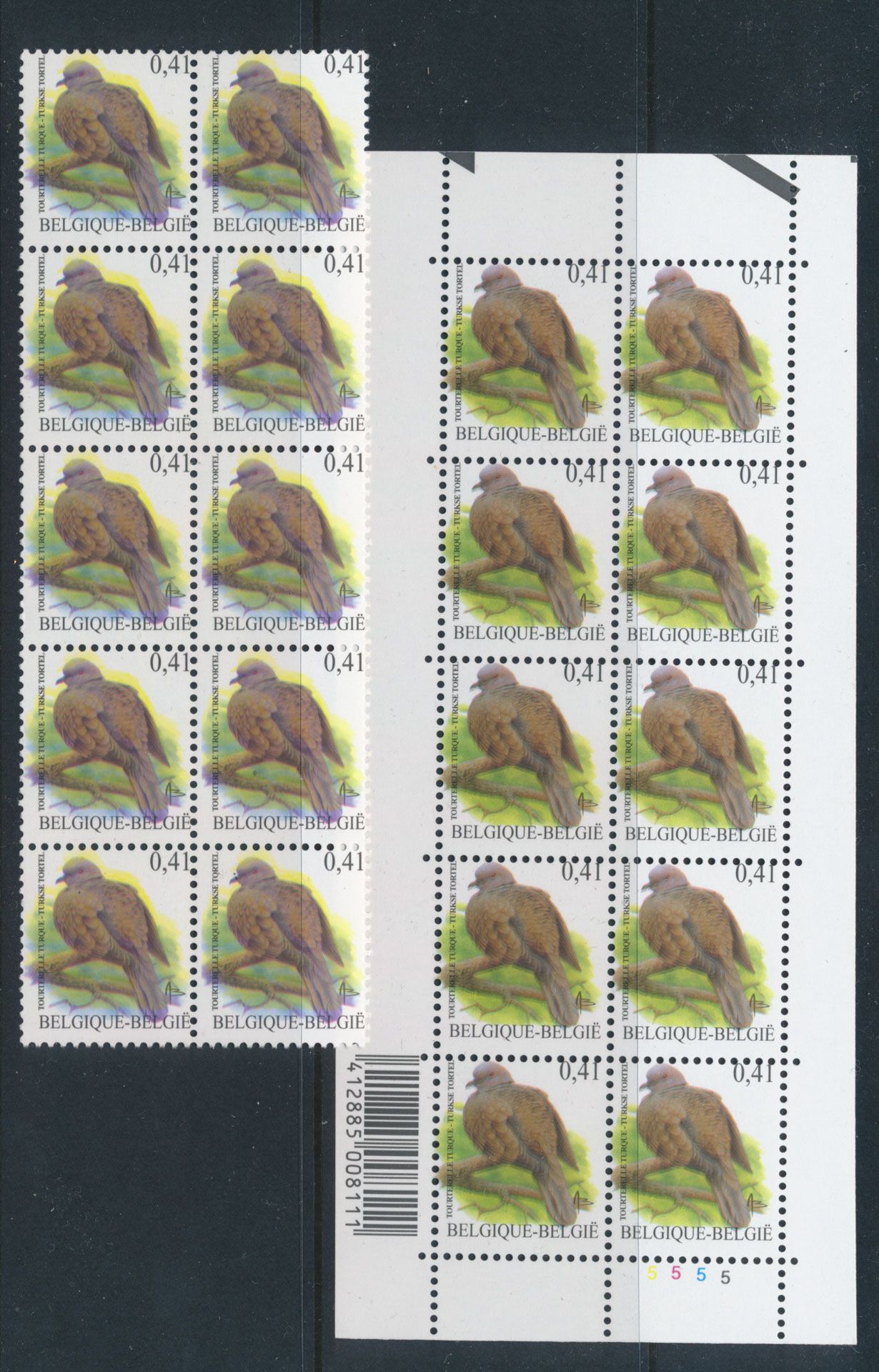 N° 3135-Cu '€ 0,41 Turkse Tortel' (Blok van 10 en velletje van 10), beide met verschoven tanding en 1x kleur, zm.