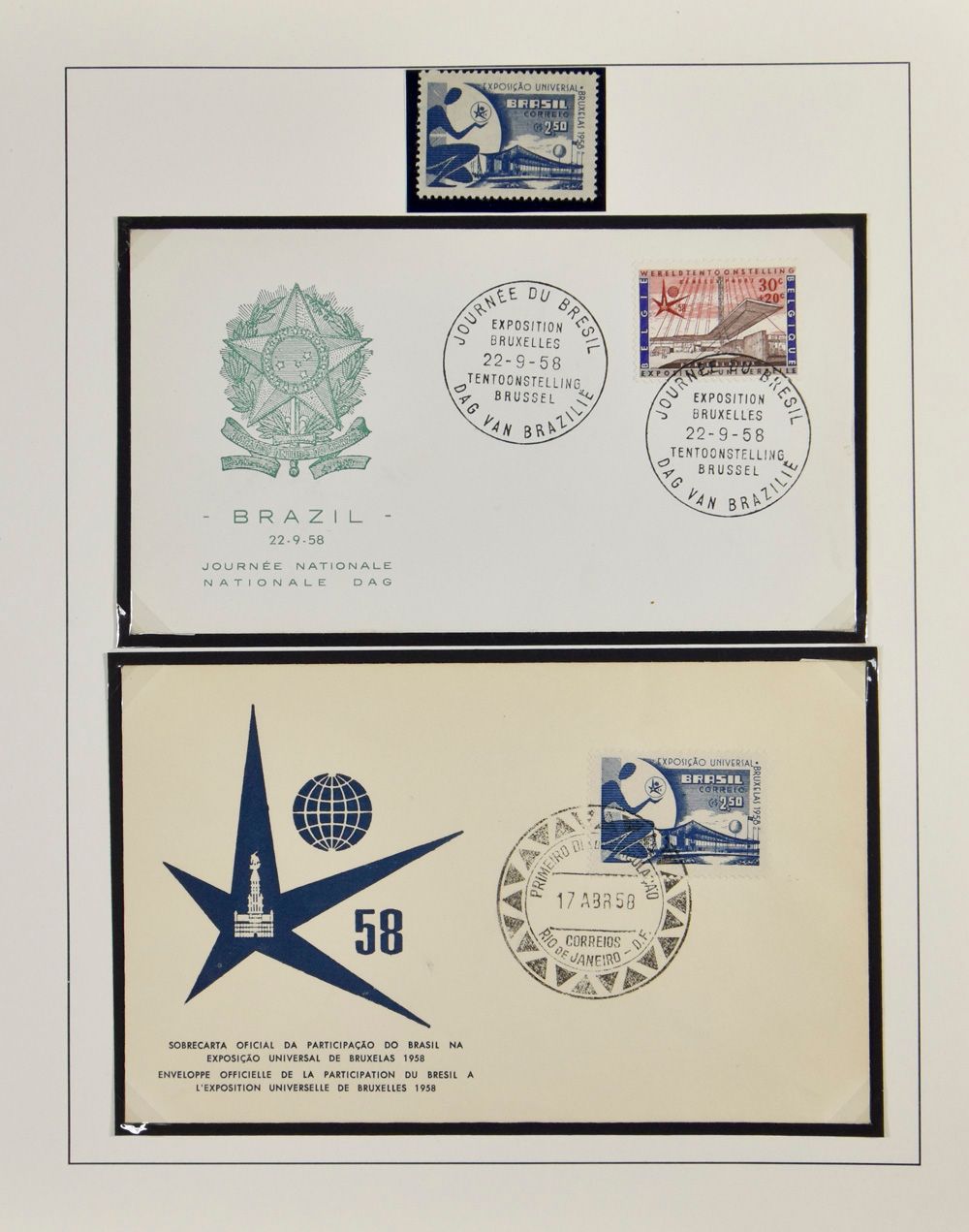 EXPO Bruxelles 1958, vaste collection dans 2 albums Lindner, comprenant des séries, des blocs et des envois postaux, zm/m/ntz.