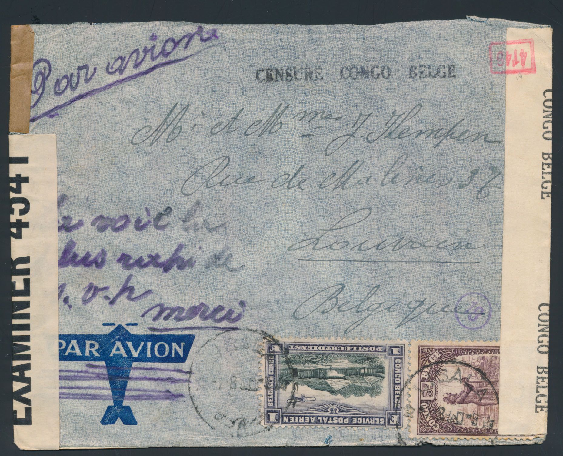 1940, airmail cover sent from Lisala / Belgian Congo on 7 August 1940 to Louvain / Belgium, censor mark Baa 