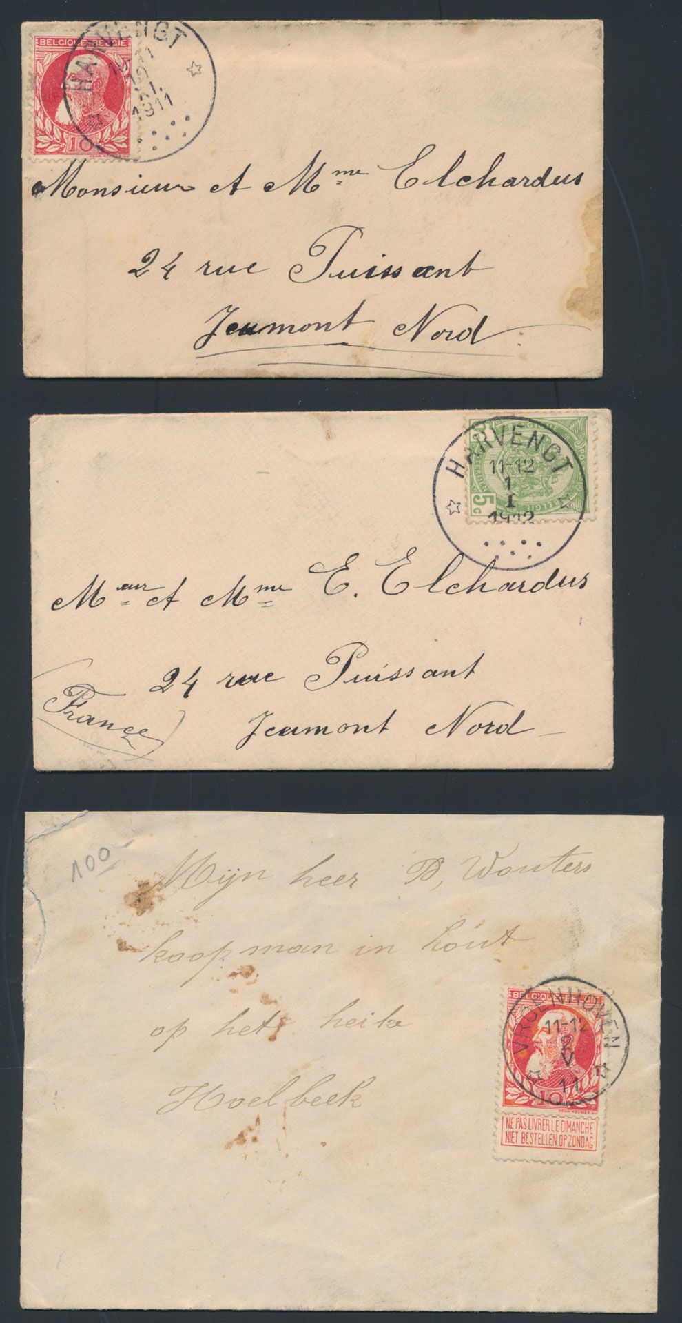 3 brieven met n° 74 (2x) en 83 met afstempeling relais 