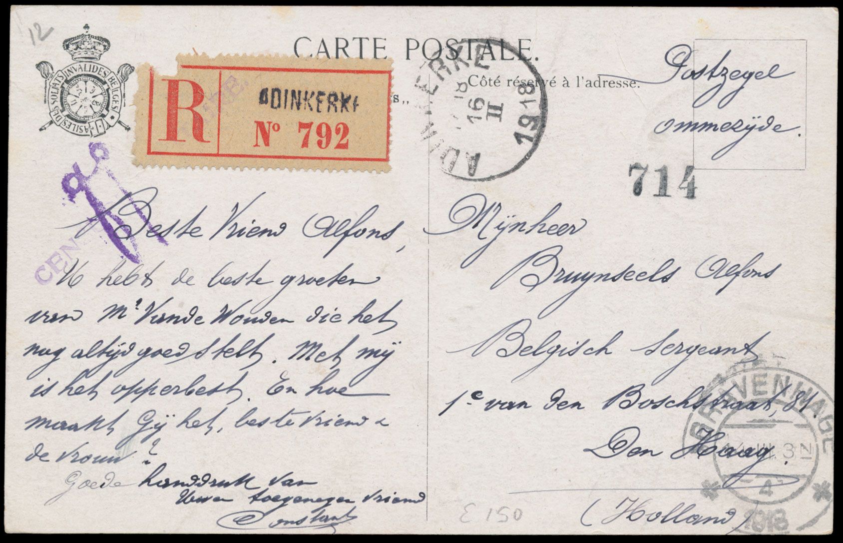 1918 Aangetekende zichtkaart van Nieuwpoort verstuurd uit Adinkerke (16/12/18) naar Den Haag/Nederland, met lijnstempel 
