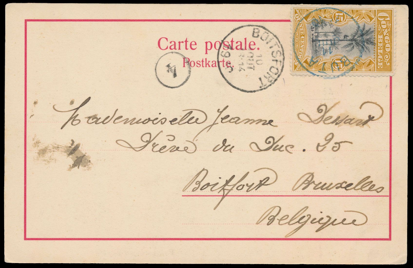 1909, carte postale envoyée de Buta (type 1 en bleu) le 11 juillet 1909 à Boitsfort / Bruxelles / Belgique, affranchie avec 15c ocre Mols Unilingue 1909, rare, vf