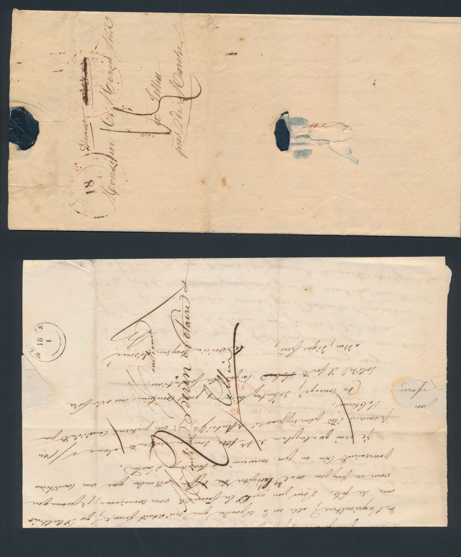 België onafhankelijkheid, 26 voorlopers vanuit Anvers, Bruges, Bruxelles, Huy en Verviers, vele brieven naar Tellin en Rochefort (met o.a. Type 18 aankomststempels). Een document heeft een 