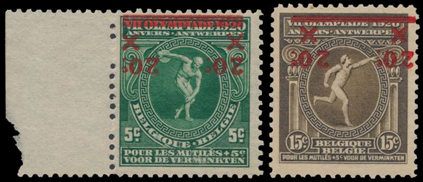 N° 184-Cu en 186-Cu '20c op 5c groen en 20c op 15c bruin' beide met OMGEKEERDE opdruk, prachtig, met fotocertificaat (OBP € 3.200)