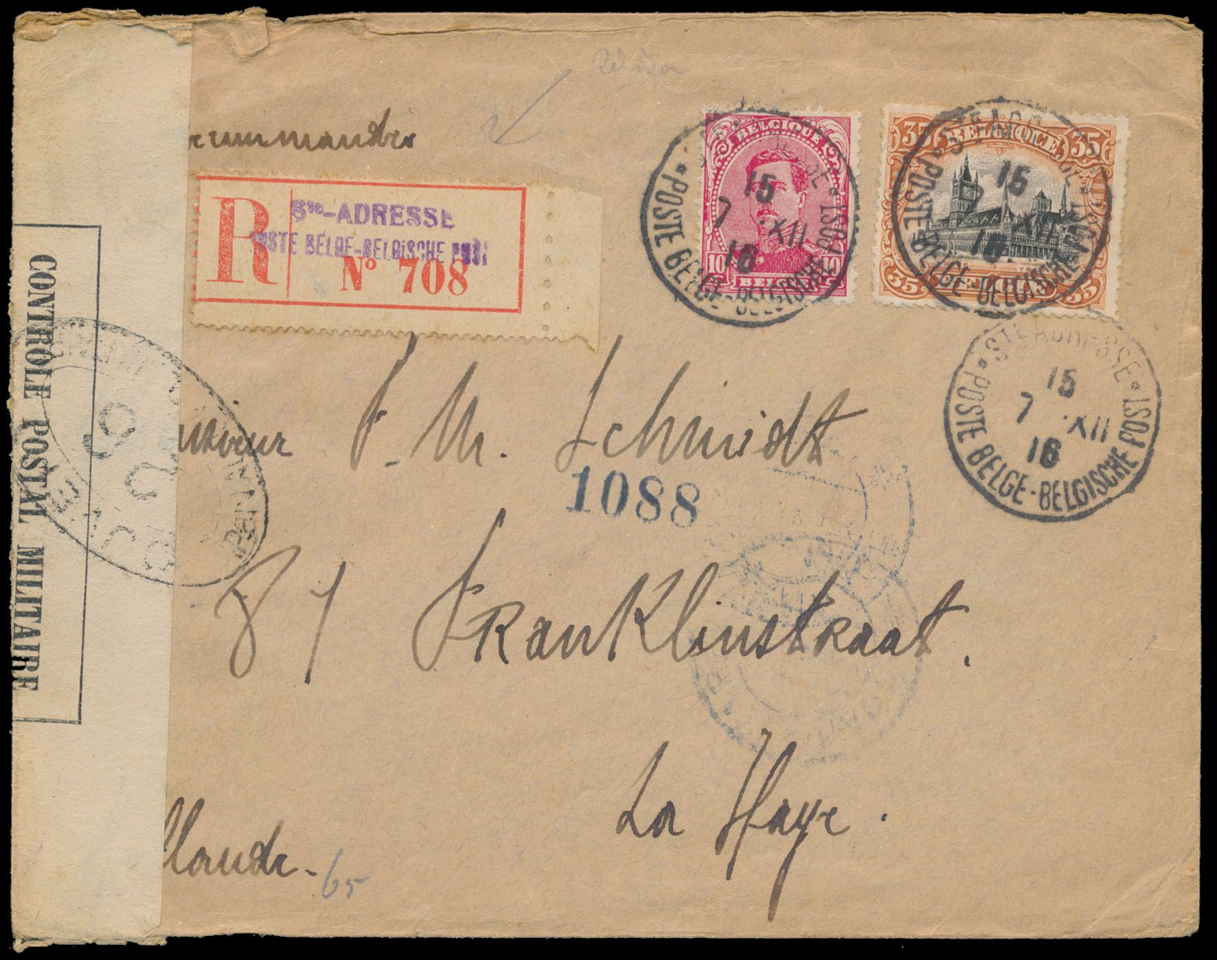 1916 Aangetekende brief verstuurd uit St. Adresse (7/12/16) naar La Haye/Nederland via Londen, Franse censuur 