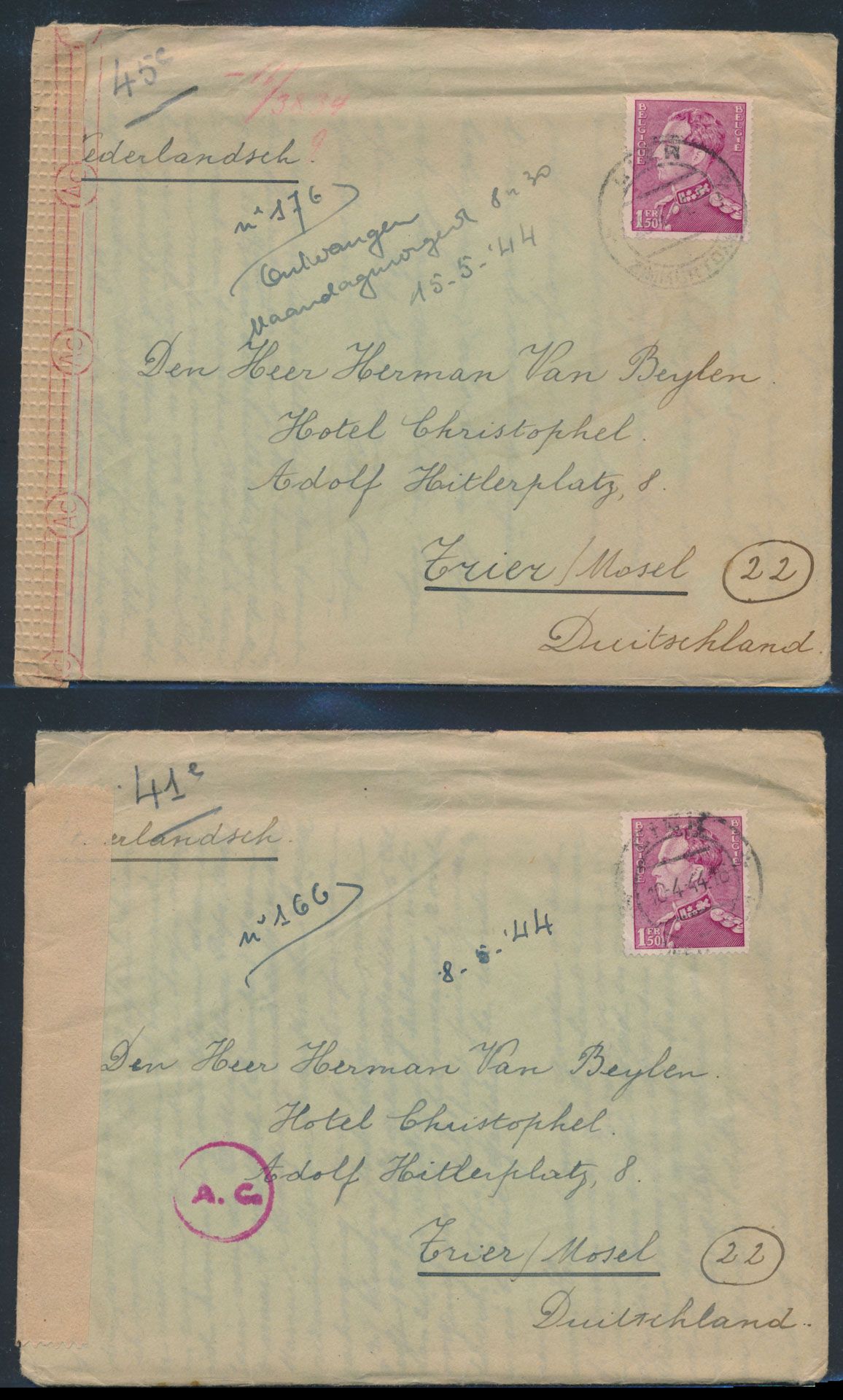 1944, 4 brieven, gefrankeerd met 
