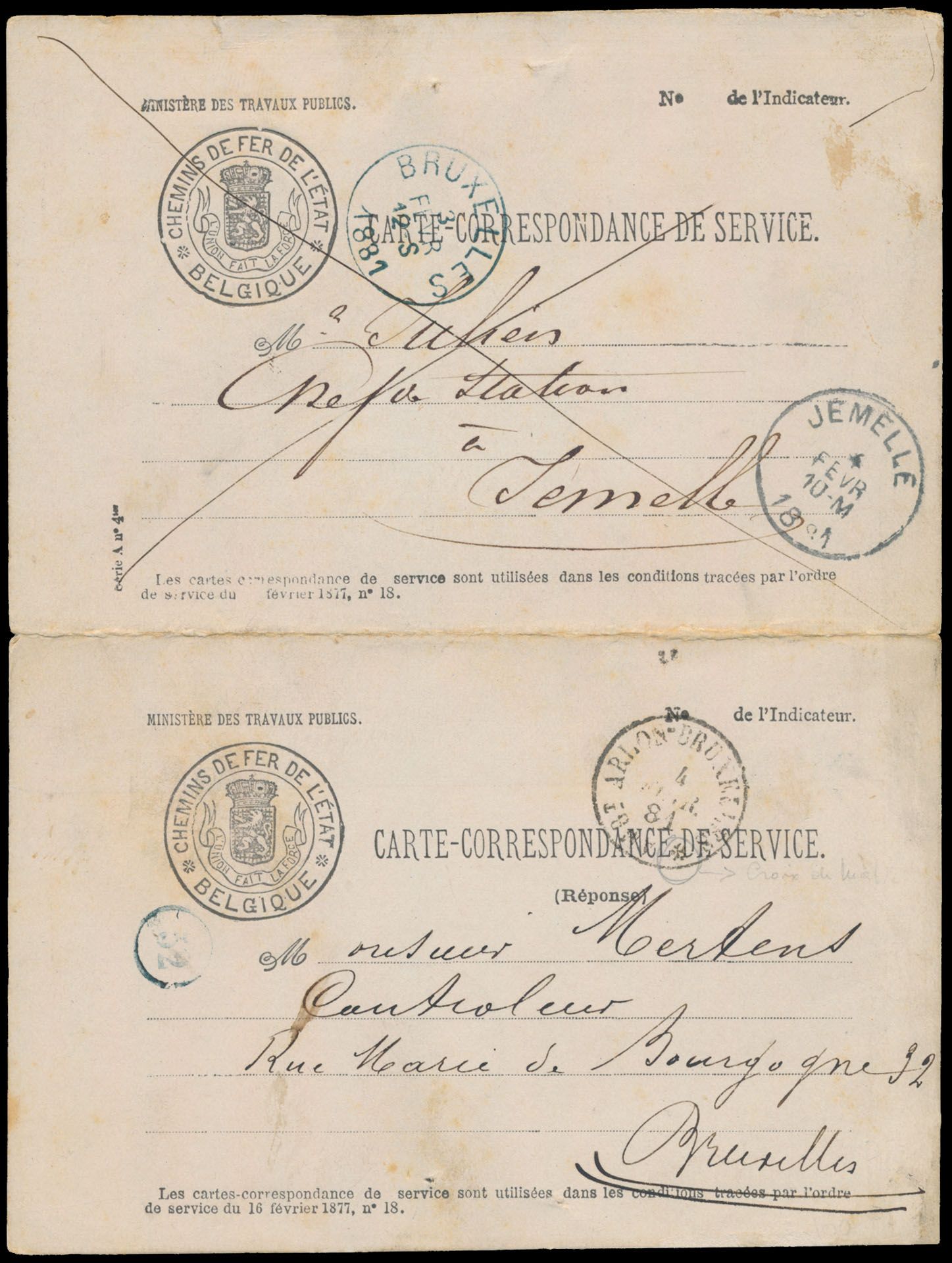 1881 Dubbele kaart 'Carte-Correspondance de Service', van het ministerie van openbare werken, met stempel 'Chemin de Fer de l'Etat Belgique, grands sceaux', vanuit Bruxelles dd. 4 febr. 1881, verstuurd naar Jemmelle, zm