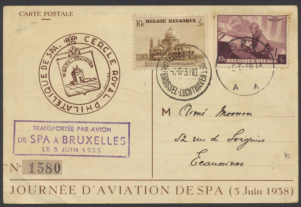 1938 N° 466 + 471 op postkaart Journee d'aviation de Spa (5 juni 1938), stempel Brussel-luchthaven (2-talig), 