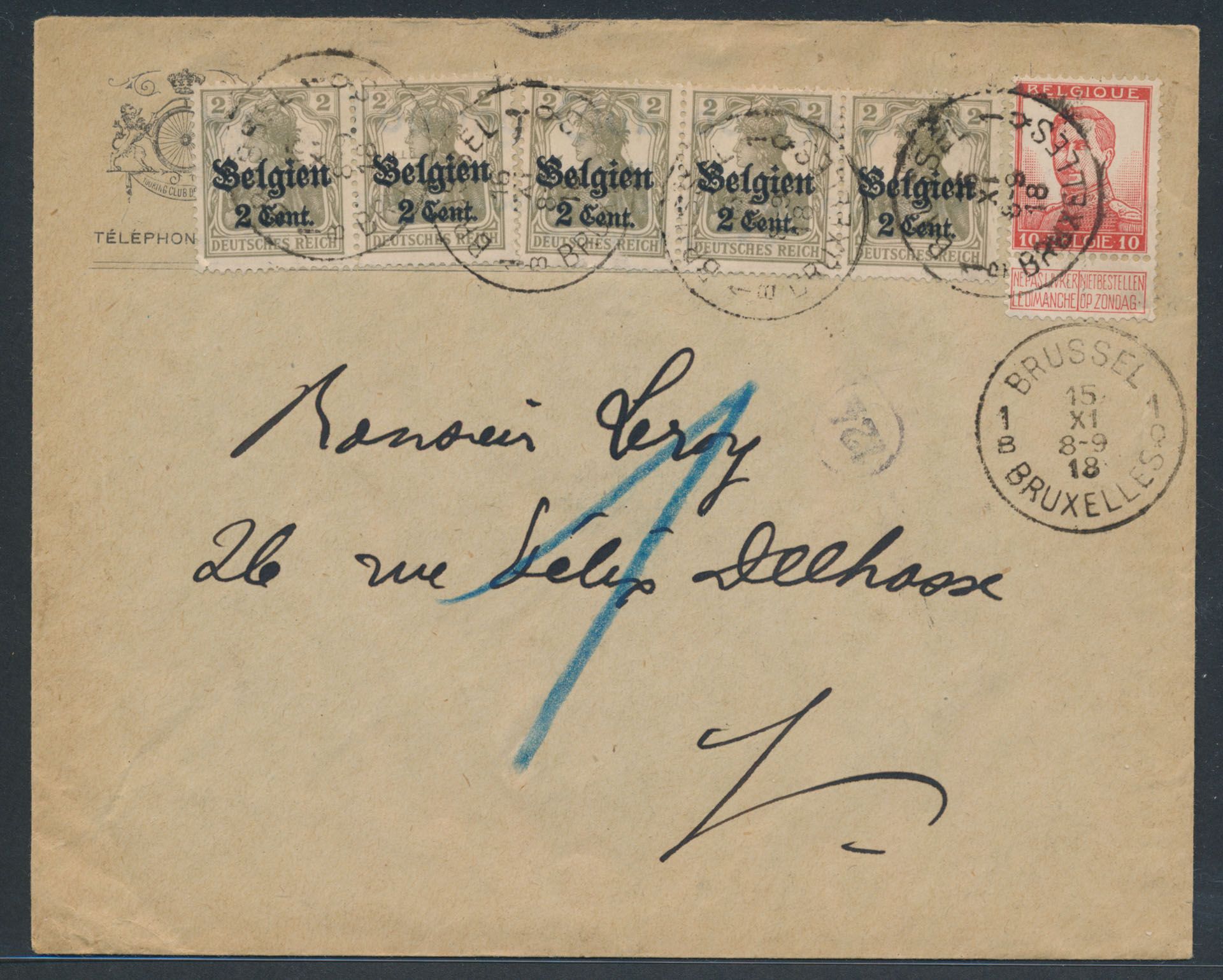 Brief met postzegel uitgifte Pellens 1912 en Duitse Germania zegels met opdruk 