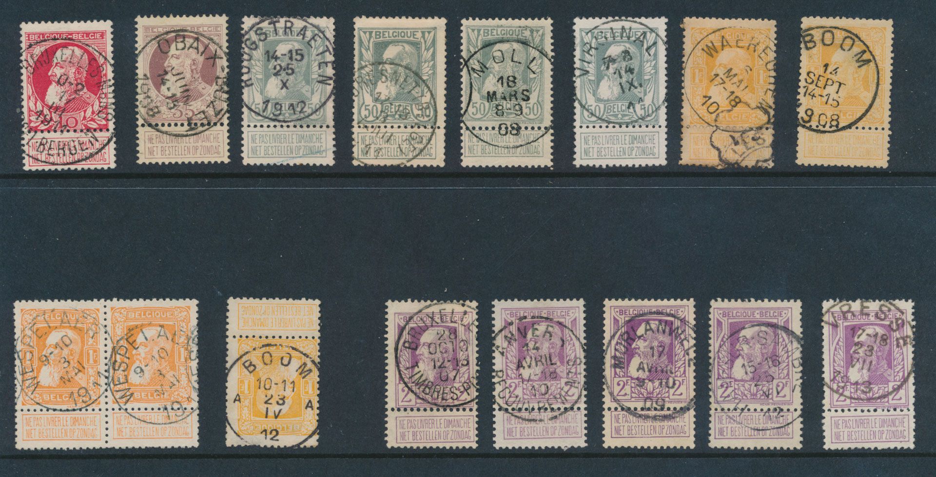 Nos 74, 77, 78 (4x), 79 and 79a (1 pair and 3 items) + 80 (5x) Nice collection of cancellations including Vresse, Boom, Virginal, Obaix-Buze, etc. (OBP +€150)