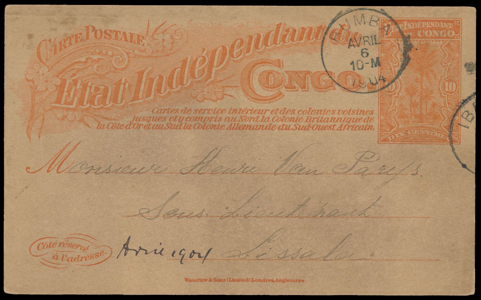 Postal stationery dated Bili 21st March 1904 via Ibembo and Bumba to Lissala, a scarce internal use from Vele, vf/f