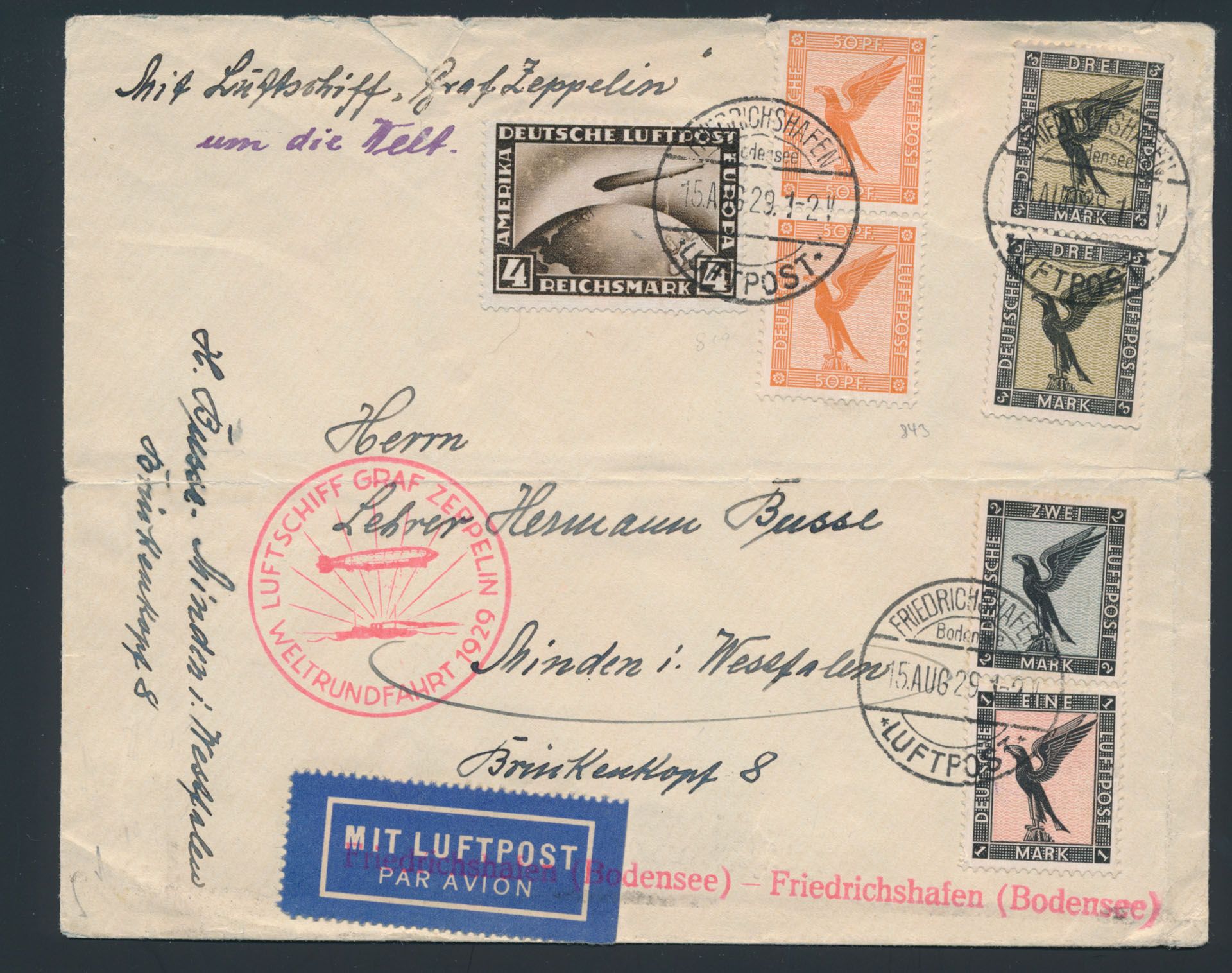 15 AOÛT 1929 Expédition mondiale avec affranchissement élevé, enveloppe un peu abîmée, mais valeur du timbre Mi. +415 €, tb/m
