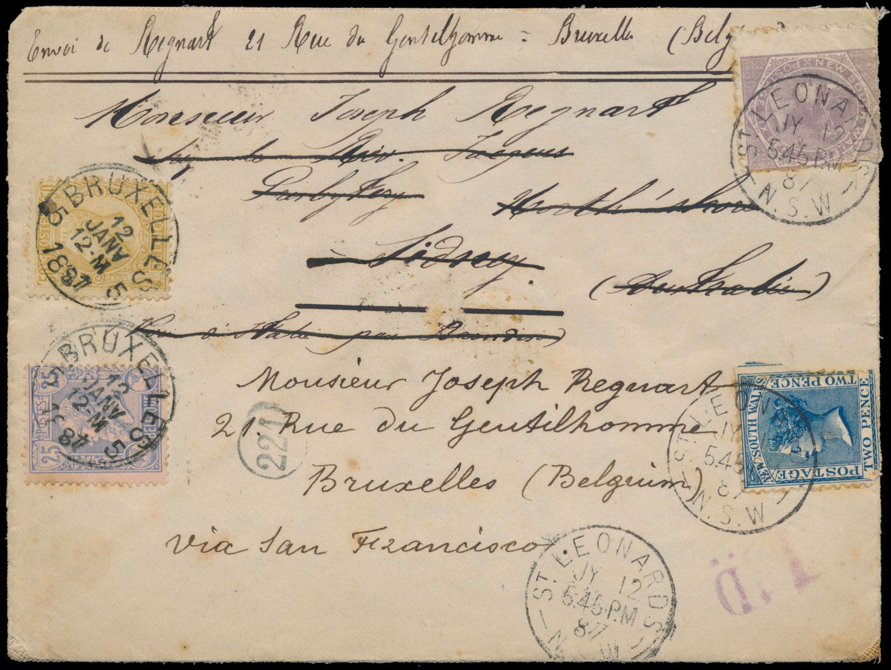 1887 Nos 48 and 50, from Brussels 12 January 1887, via Brindisi (Italy), to Sydney. Receipt on 18 February 87.  Letter continues to travel around Australia-Sydney for a while. Then address changed on front, with departure stamp 12 July 87 (St Leonard - New South Wales - arrival at Bruxelles 1 on 26 August 1887. Manuscript via San Francisco on front of letter (possibly cancelled on back - poorly legible), spectacular forwarding, vf.