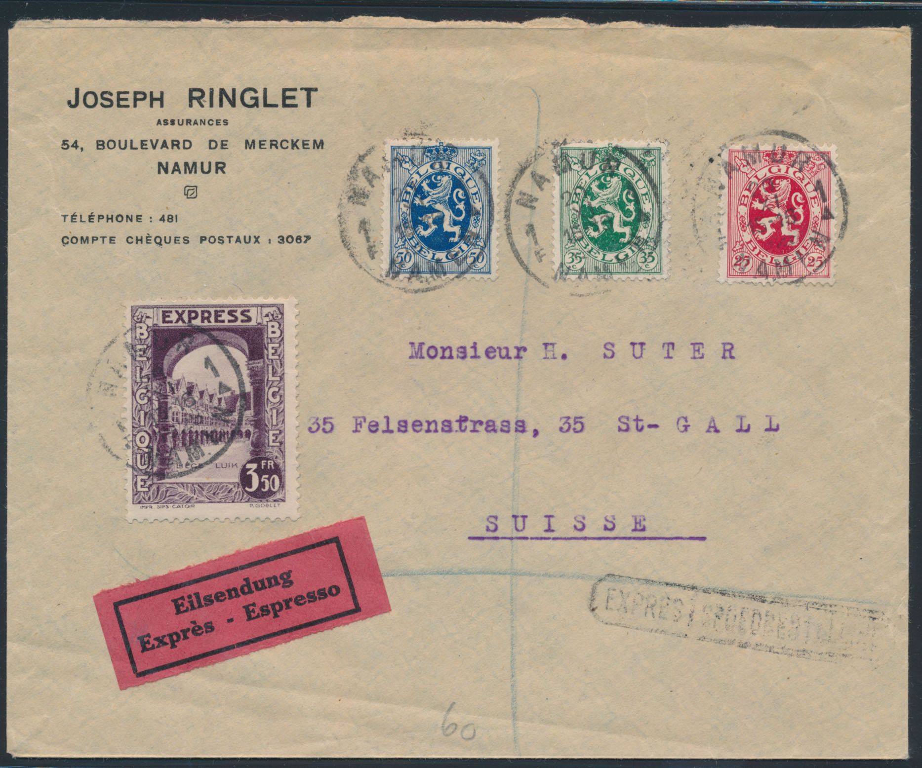 1929, spoedbestelling brief verstuurd uit Namur (20/11/29) naar ST. Gall/ Zwitserland, gefrankeerd met (OBP) N° 196, 276 (2x), 278, 279 (2x), 280/83 en 285 + Expresse (OBP) 292 F, zm.