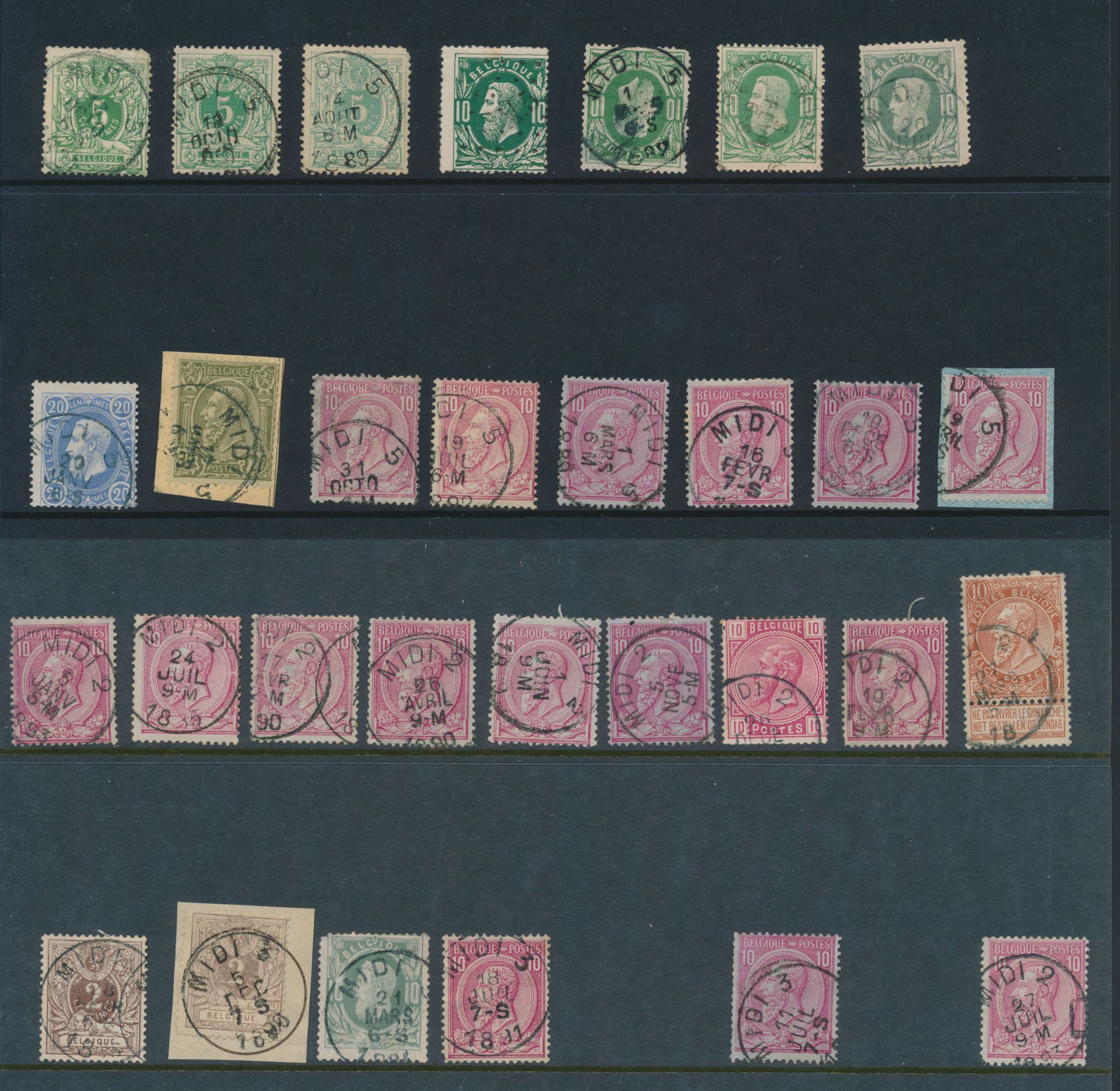 Ambulante samenstelling van 'Midi' , (MIDI I, MIDI1, MIDI1 BRUXELLES, MIDI 2, MIDI 3, MIDI 4, MIDI IV, MIDI 5, MIDI 6, MIDI 7, MIDI 8, MIDI 8 BRUXELLES...). Op verschillende zegels zoals, N° 30, N° 46, Liggende leeuw…. 62 exemplaren, zm/ntz