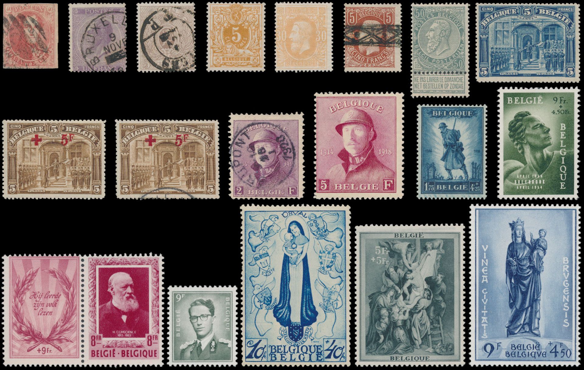 1849/1990 Verzameling in 4 Lindner albums, waarbij klassiek in gemengde kwaliteit, fijne baard en Pellens */gest., 5 franken *, Rode Kruis 5fr. * + gest., Helm 2fr. gest., 5fr. *, BL 1 ** (hoekplooi), infanterie **, BL 2 **, BL 3 *, Mercier * (ntz), de meeste betere reeksen met *, Grote Orval ** (enkele zegels met korte tand), Rubens **, Brugge **, Boudewijn bril *, nominaal, zm/m/ntz