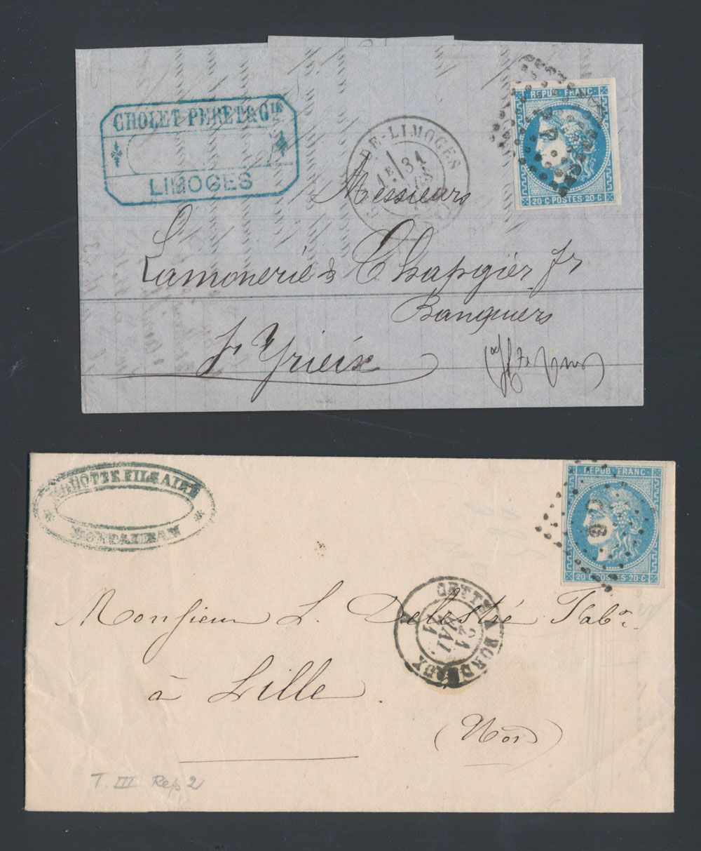 1871 N° 46B type III, report 2 op brief LAC van Limoges naar St.-Yrieix, prachtig stuk met schaarse bestemming, tevens vergelijkbare brief LAC van Bordeaux naar Lille, zm 