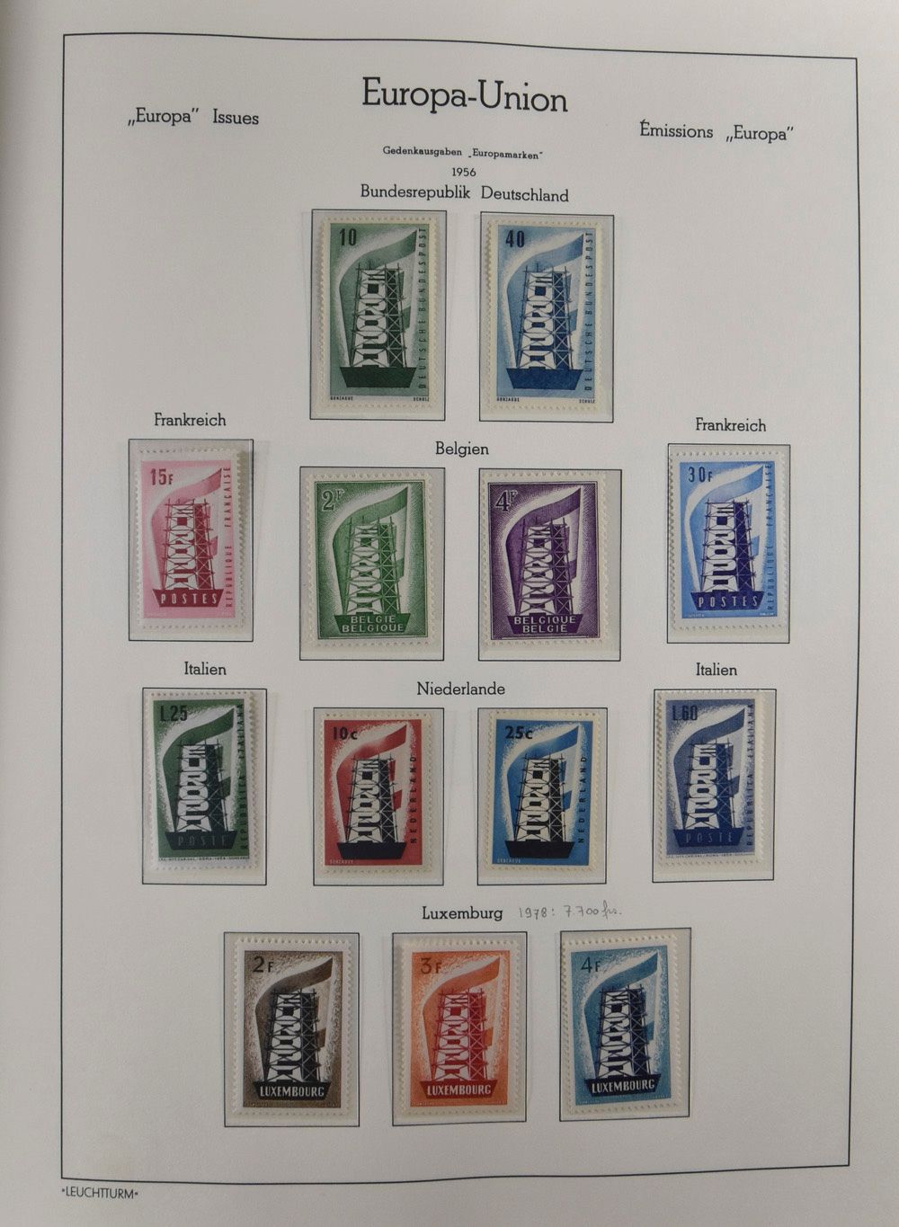 1956/1986 Verzameling en 4 Leuchtturm albums, vrij volledig met Luxemburg 1956 en 1957, Liechtenstein 1960, Andorra 1972 (ook op FDC) met veel kleinbogen, zm 