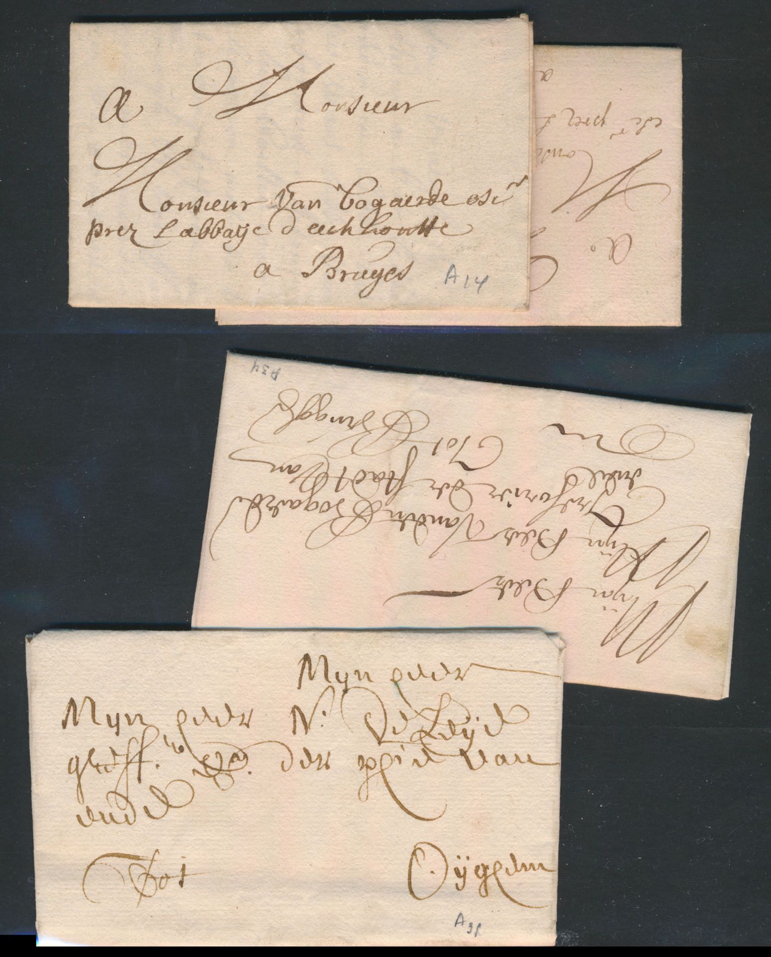 15 voorlopers, met inhoud, enkele met vertrekstempel, verschillende aankomstplaatsen zoals Bruges, Oyghem, Alost, enz., zm
