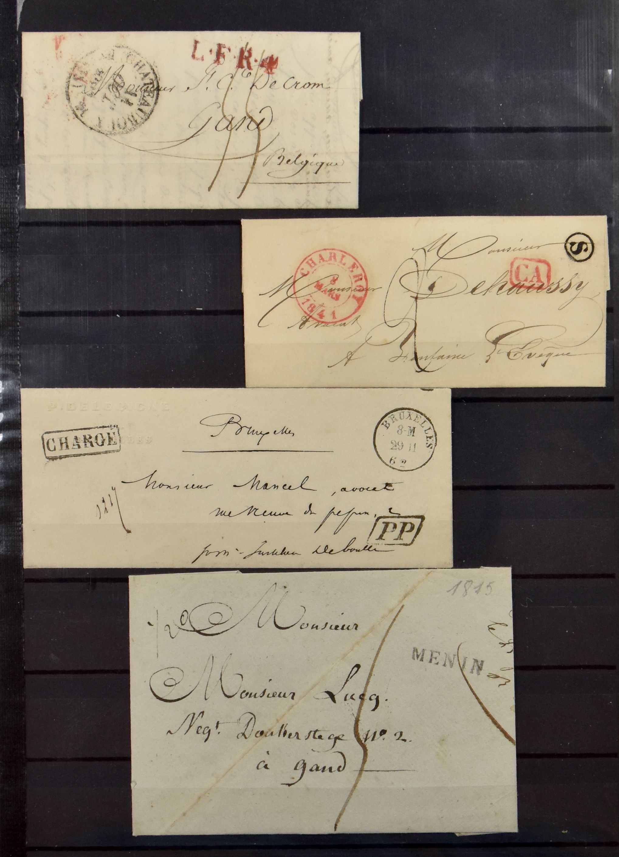 Kleine verzameling op 11 voorlopers, vanuit o.a. Courtrai, Moeskroen, Menin…. met verschillende postmerken.  ZM