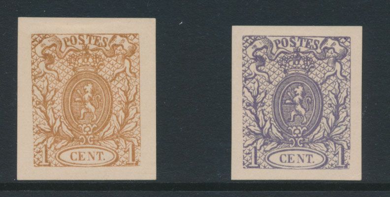 Type STES 1280, 2 privéherdrukken door Moens (1870) op originele matrijs van Dargent uit tekening van Delpierre, niet aangenomen ontwerpen, in lichtbruin en grijsviolet van de 