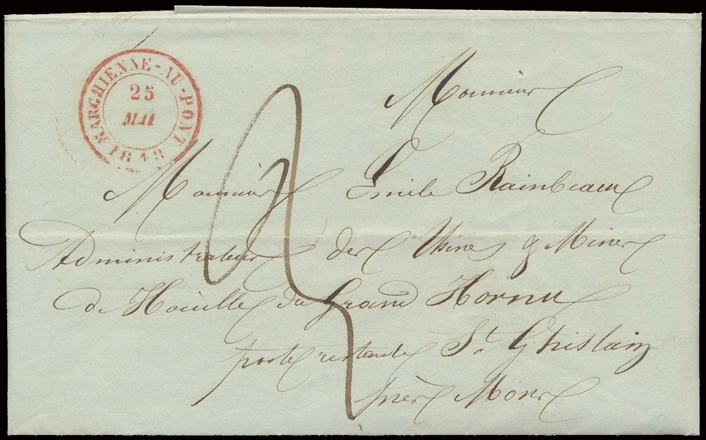 1848 Voorloper vanuit Marchienne-au-point, Herlant niet beschreven, type 16 rood, dd. 25 Mei 1848, naar St.-Ghislain, port 3 deciemen, mooie firma hoofding in brief, zm 