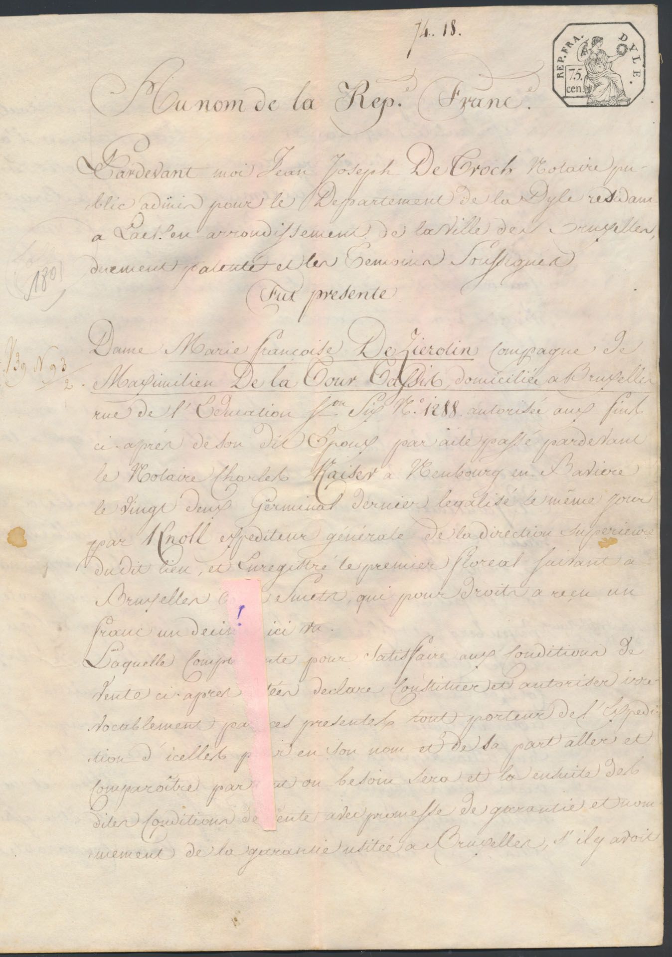 1801/1813, 18 akten betreffende inzonderheid de verkoop van landerijen opgesplitst in 45 loten, gelegen in Schaarbeek toebehorende aan gravin Maria Francesca De Zerotin, kleindochter van Karel-Ferdinand, graaf van Königsegg-Rothenfels, en echtgenote van Maximilian, De la tour Tassis, staatsraad van de koning van Beieren, bijgevoegd, stamboom familie De Zerotin, zm