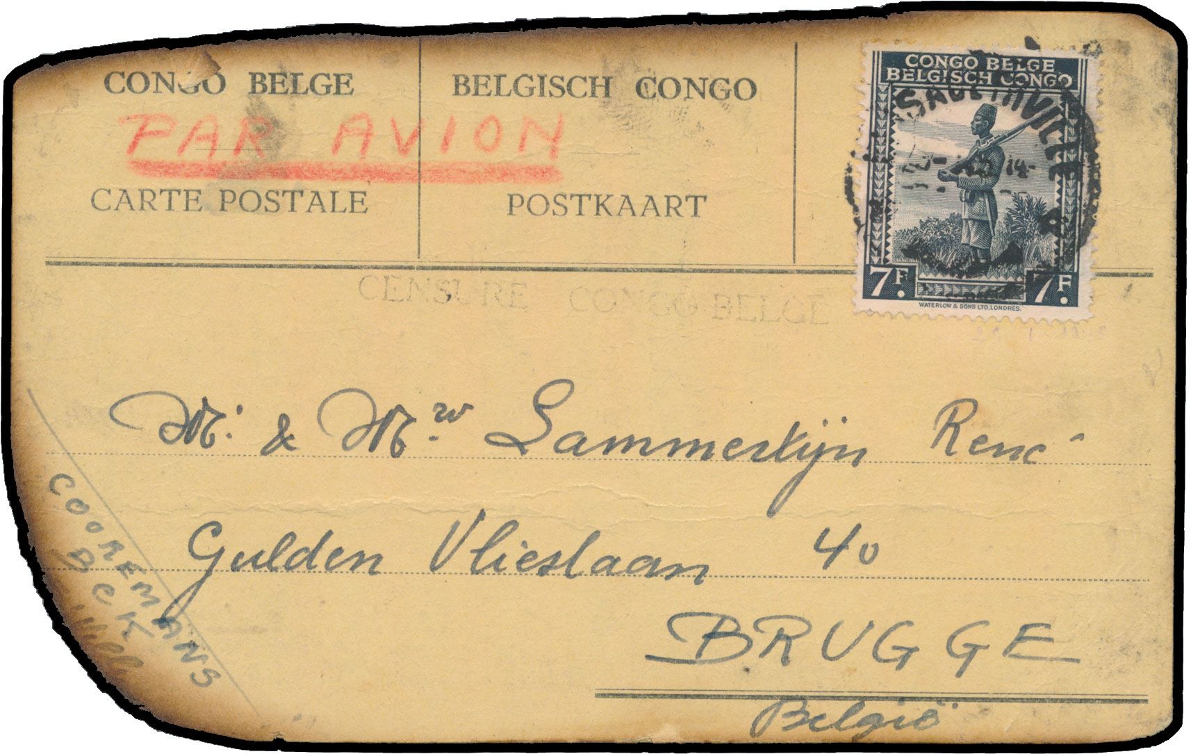 N° 265 on postcard (partially burned, crash mail?), sent by airmail from Elisabethville in 1945 to Bruges/Belgium, with 