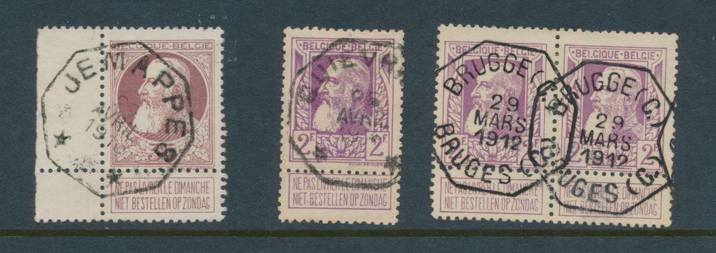 No 77, nice central telegram cancellation (Jemappes), 80 (3 items, including 1 pair) with central telegram cancellation (Quievrain - Bruges), vf (OBP ++€50)
