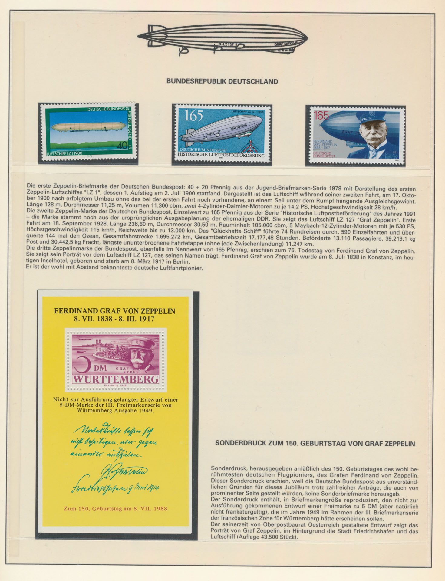 Geschichte des Zeppelins, auf Ministerialblättern in Mappe, mit Marken und etwas BRF, zm.