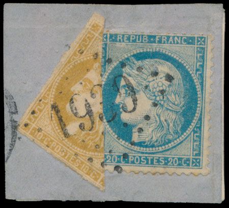 N° 36 bisect diagonal en 37 op fragment 1870 , zeldzaam, m/ntz (Yv. op volledige brief €10.000)