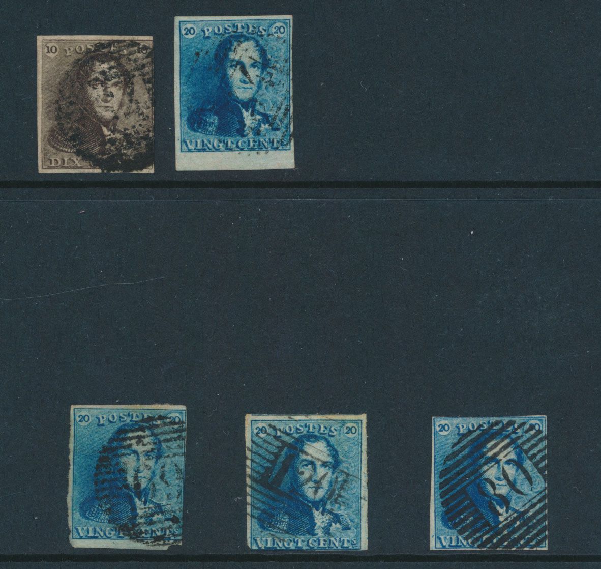 Small lot N° 1 (1x) fully margined and N° 2 (4x) w.v.1 fully margined with margin, zm/m/to be checked, vf/f/to be checked