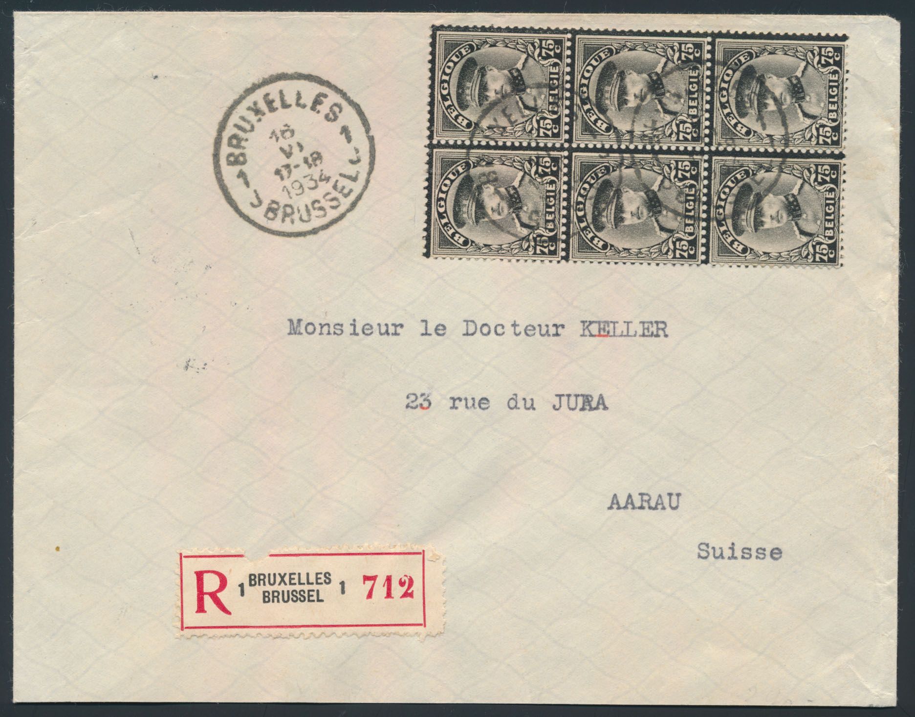 N° 384 (blok van 6), op aangetekende brief vanuit Bruxelles, dd. 16 juni 1934, naar Aarau (Zwitserland), op keerzijde lakzegel in groen met onbekende stempel, zm