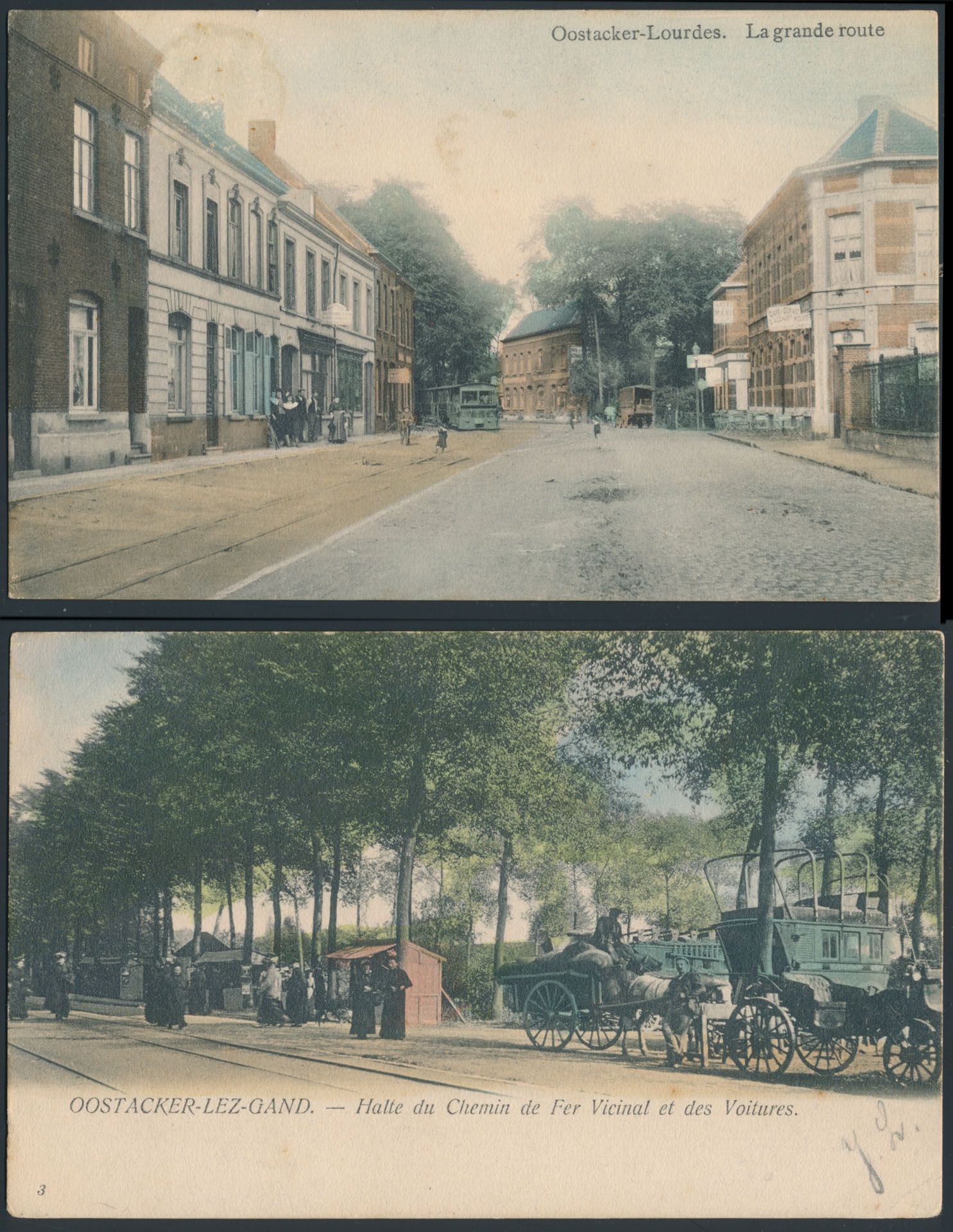 Provincie Oost-Vlaanderen, Oostakker, 2 dorpszichten met stoomtram, paardenkoets bij station en tram (4 stuks)