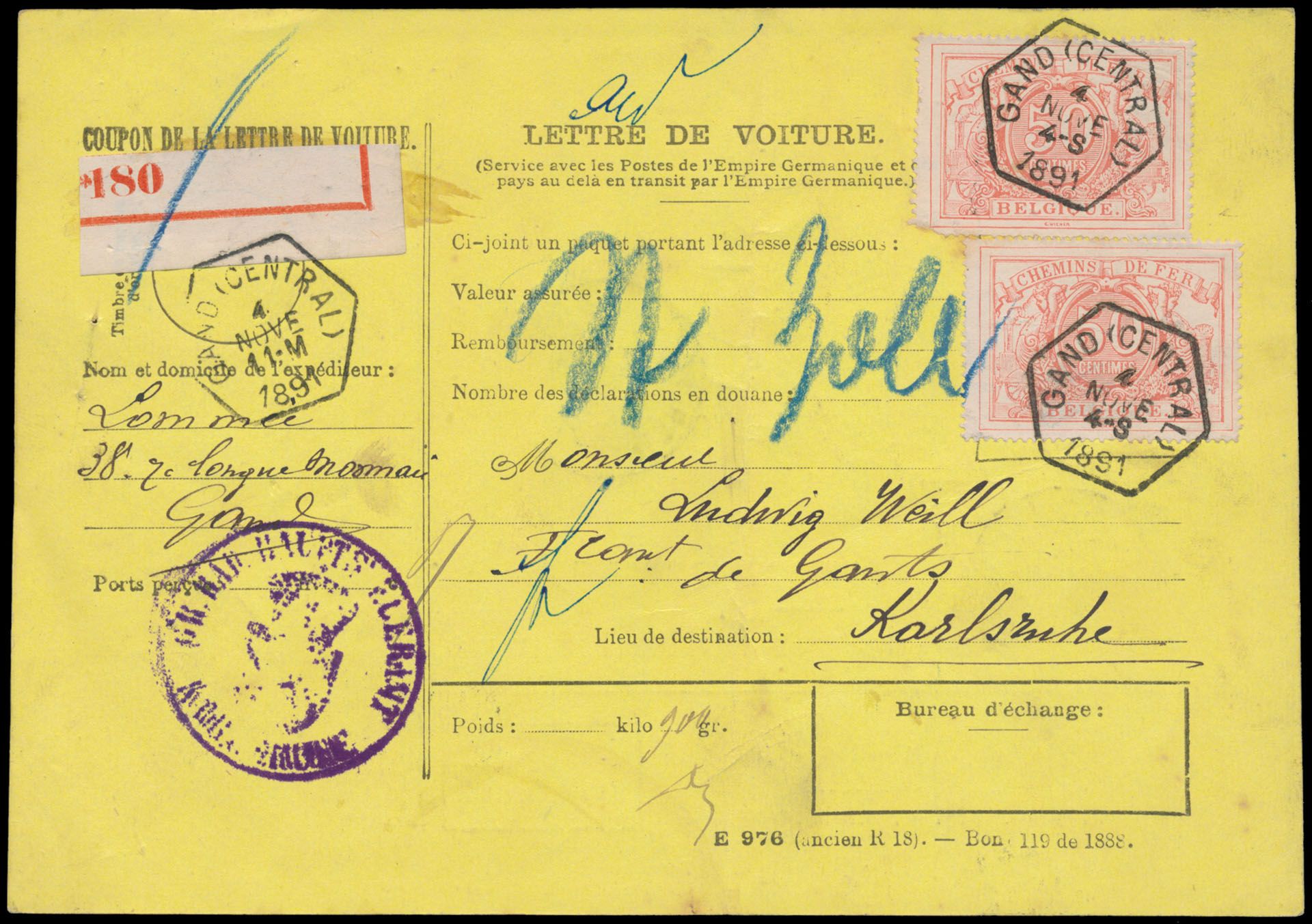 1881 Lettre de voiture E. 976 - Service avec les postes de l'Empire Germanique..., enkel Franstalig, gefrankeerd met TR11 (tweemaal) met afstempeling Gand(Central), dd. 4 november 1881, naar Karlsruhe, zm