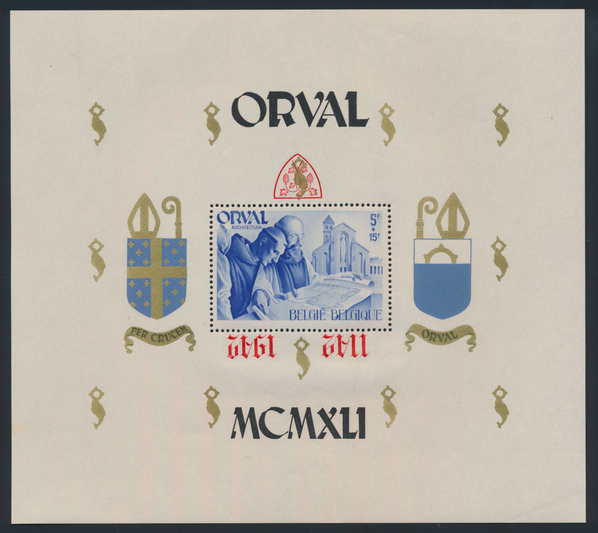 BL 24-Cu, Gothic numerals, perforated, NOT numbered, with inverted red colour (shield and 1142 1942 ), vf/f (OBP ++€220)