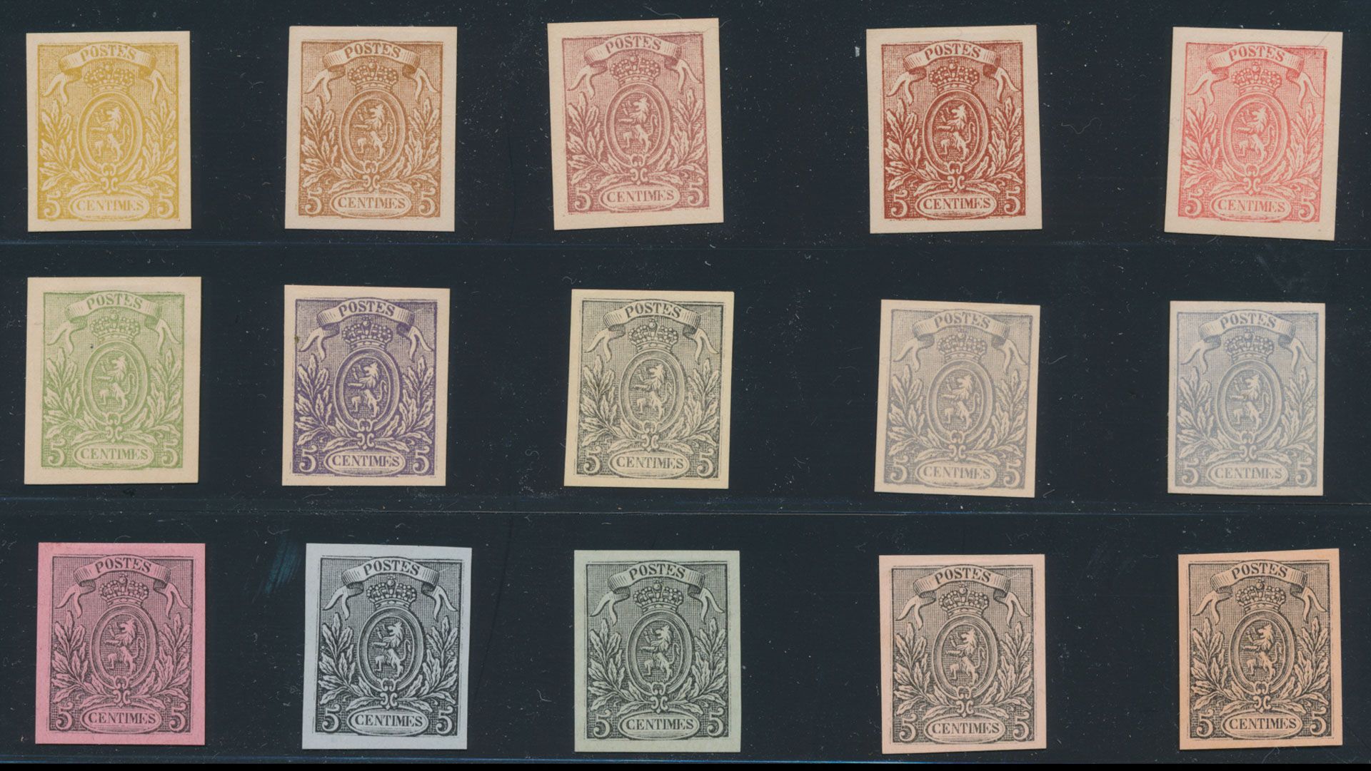 Type STES 1285, 15 privéherdrukken door Moens (1870), gebaseerd op originele matrijs van Dargent uit tekening van Delpierre, verschillende kleurdrukken op wit en/of gekleurd papier van 