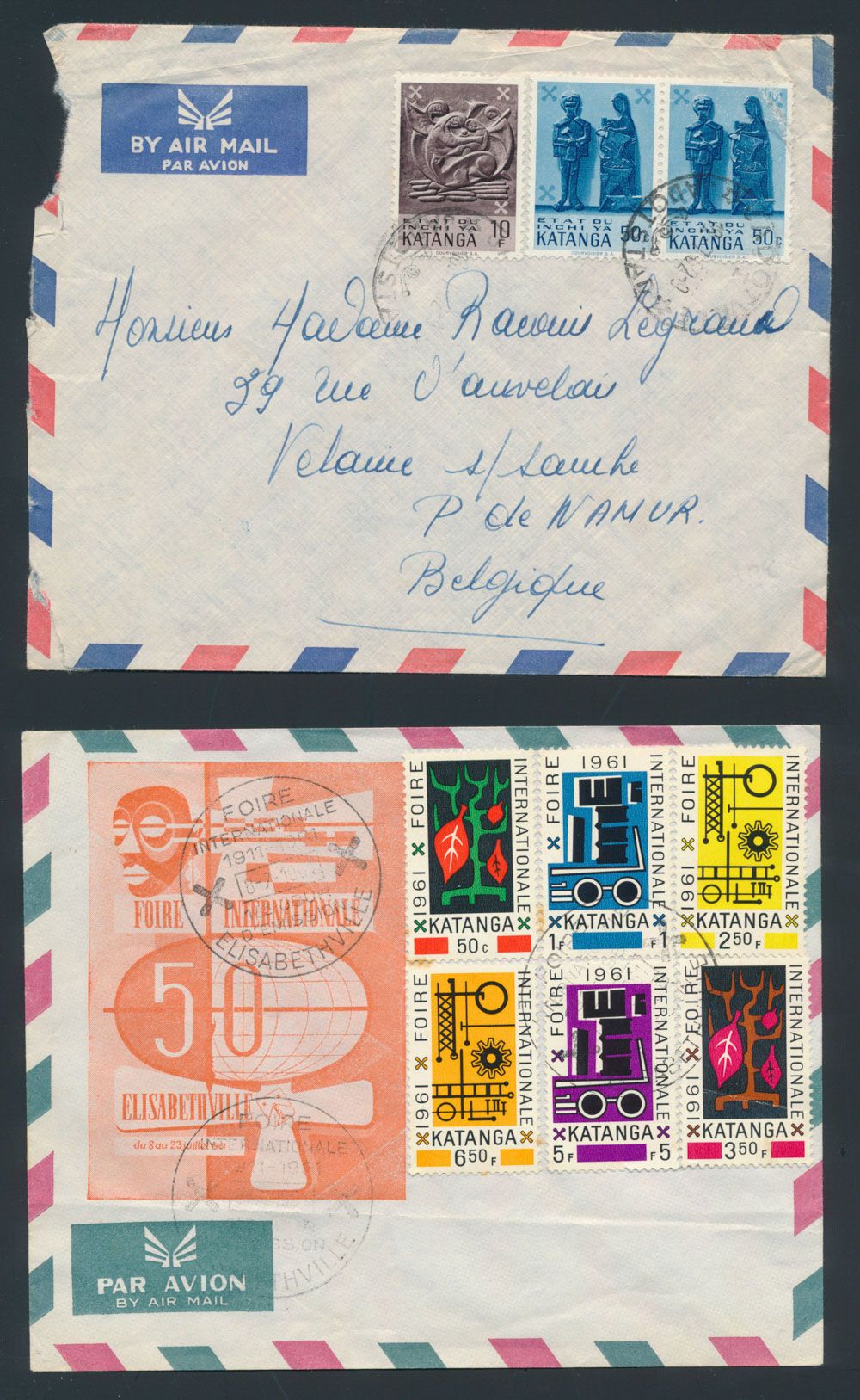 1961/1962, 3 airmail covers and 1 FDC with Katangan stamps sent to Belgium, correct rates, vf