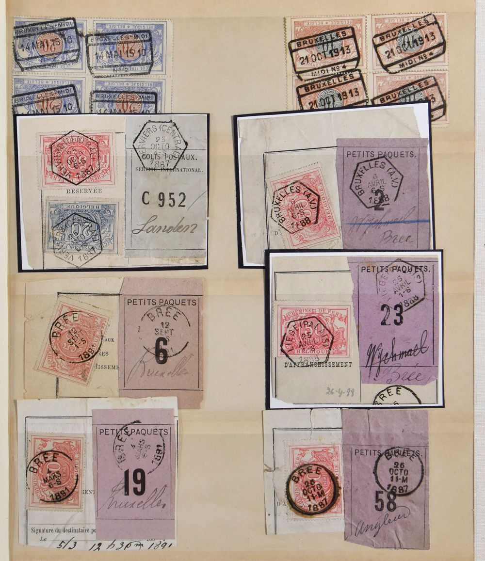 1887/1914 Accumulation including 6 old shipping labels (incl. Bree, Verviers), telegraph cancellations with SP stamps in stockbook, vf/f 
